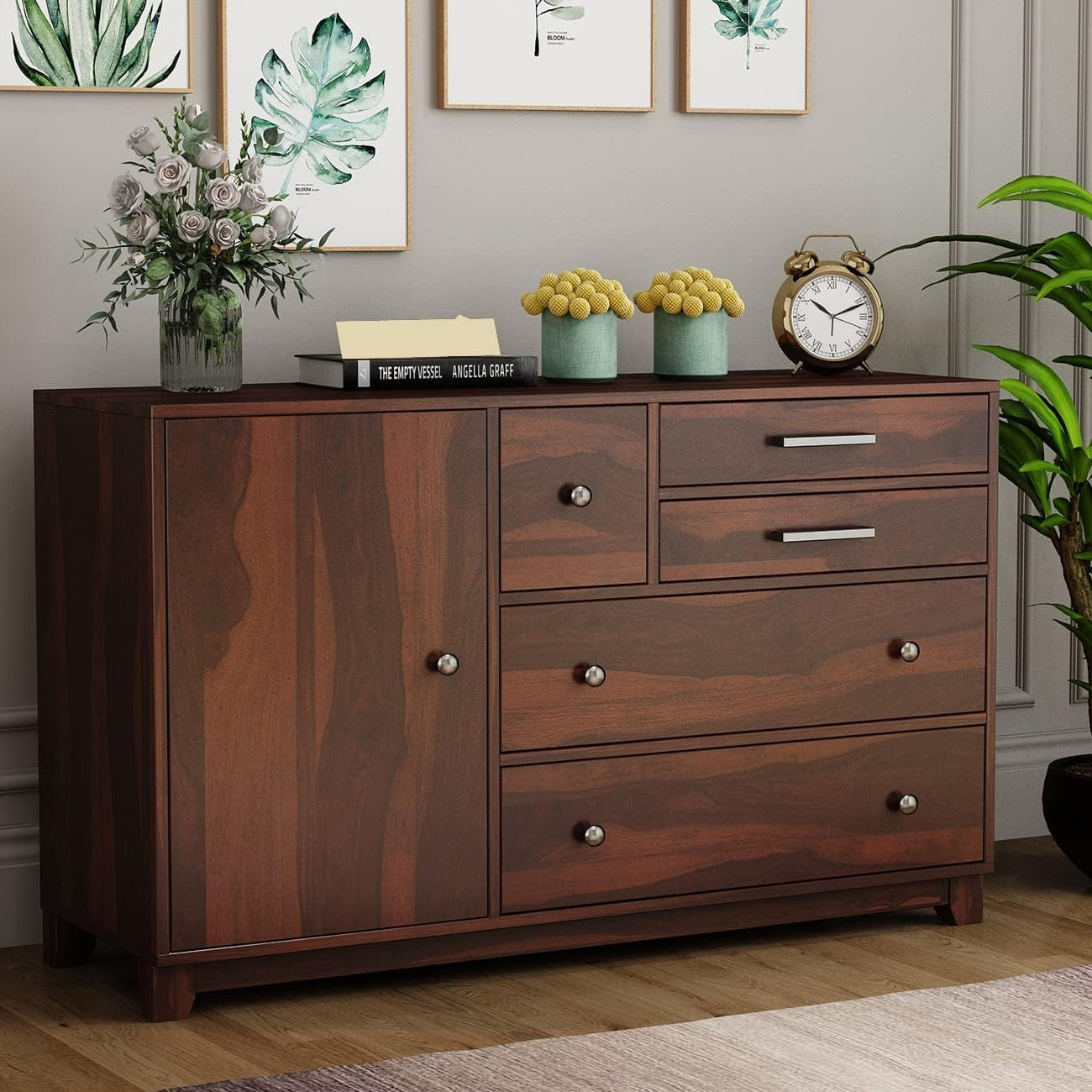 Kunjal Furniture Solid Sheesham Wood Wooden Chest of Drawers with 4 Drawer Storage | Multipurpose Storage Cabinet Rack for Bedroom Home Living Room (Design 8, Walnut Finish)