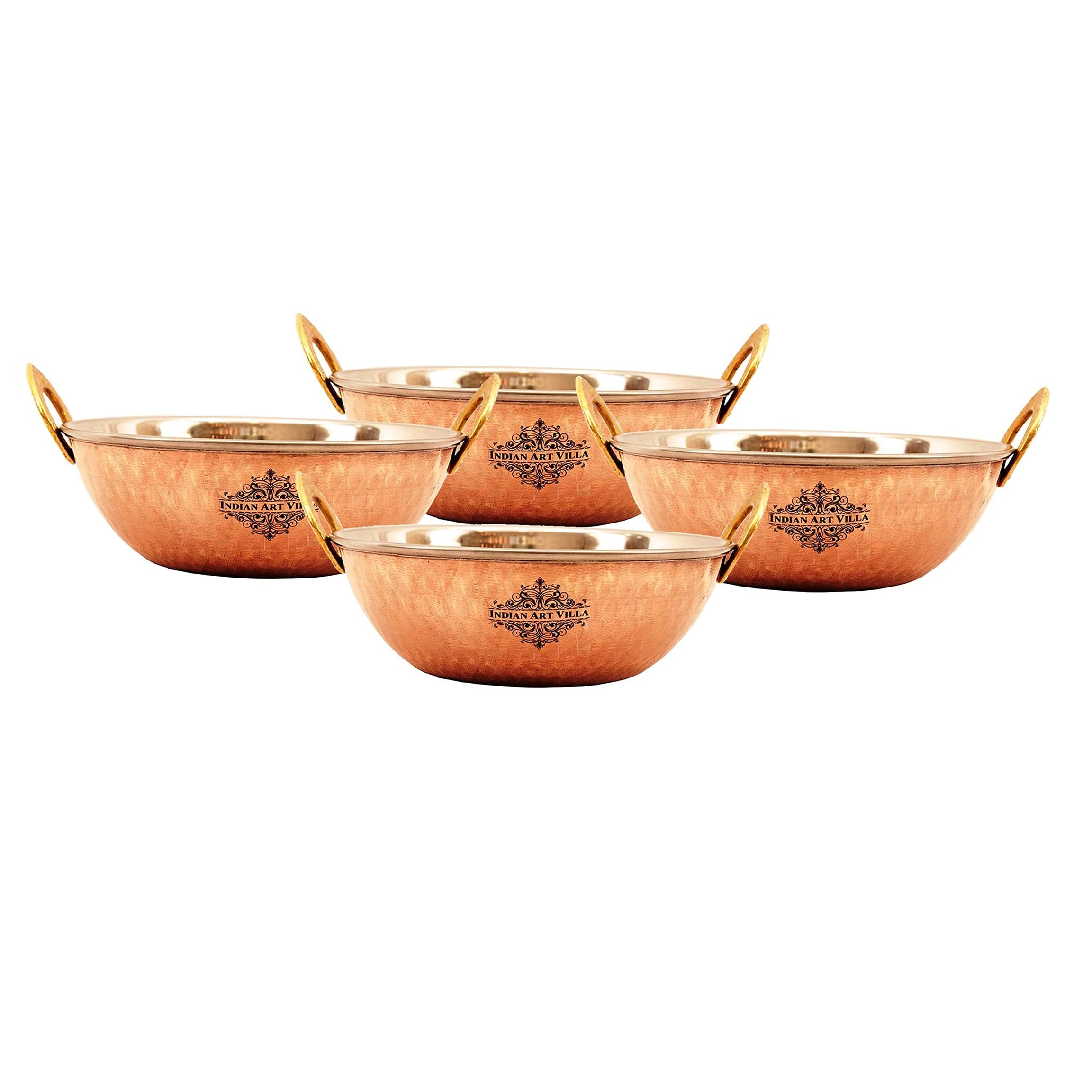 INDIAN ART VILLA Hammered Steel Copper Kadhai Wok Bowl, Serving Dishes, Tableware, Volume- 900 ML, Set of 4