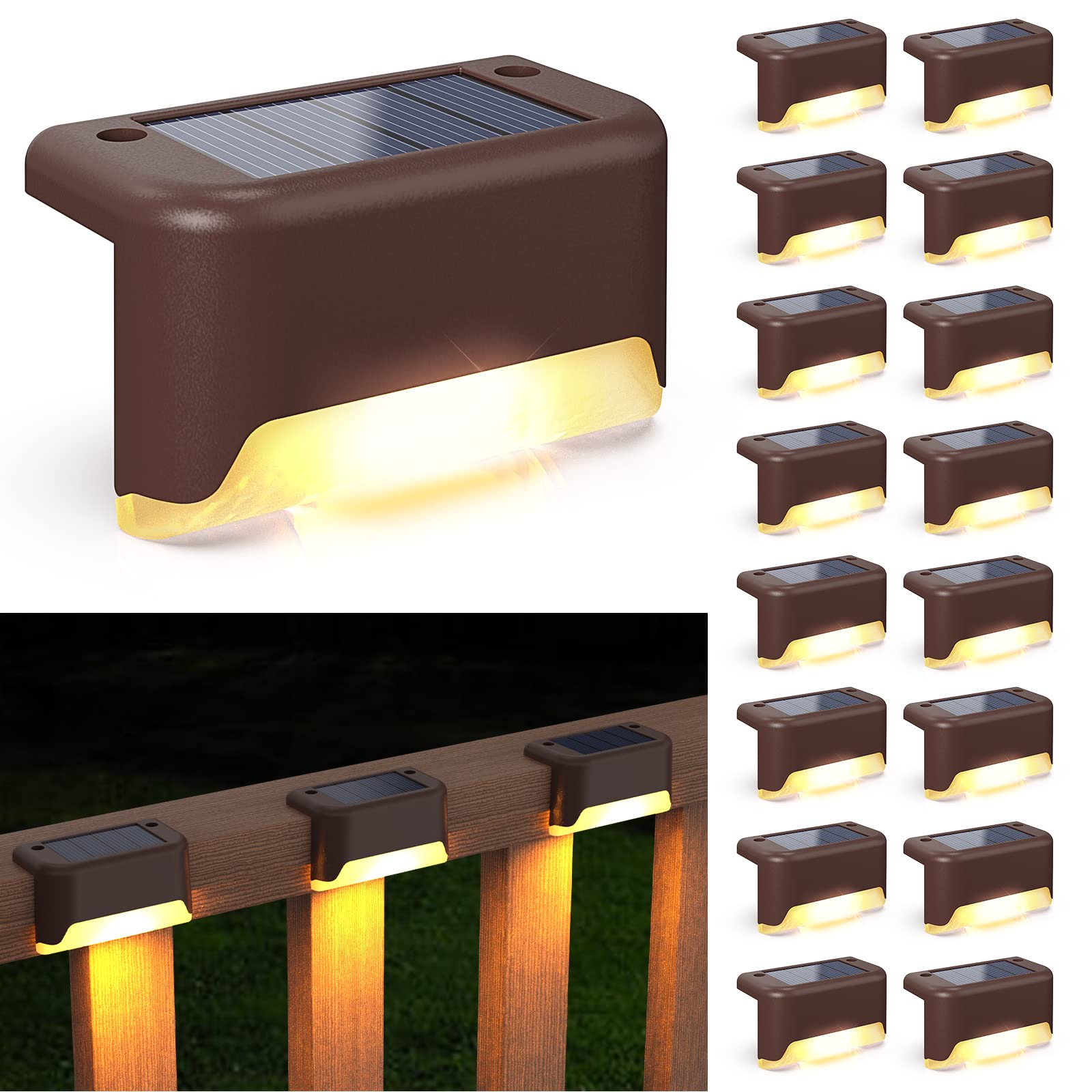 Solar Deck Lights 16 Pcs, Solar Step Lights Outdoor Waterproof Led Solar Fence Lamp for Patio, Stairs,Garden Pathway, Step and Fences(Warm White)