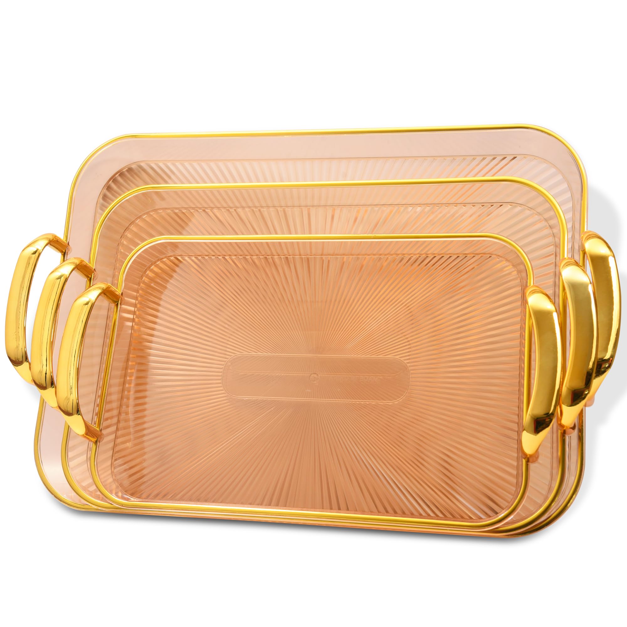 BAREPEPE Plastic Serving Tray Set for Kitchen Rectangular Stylish Design Fancy Coated Golden Borders - Transparent Amber - Set of 3 Sizes