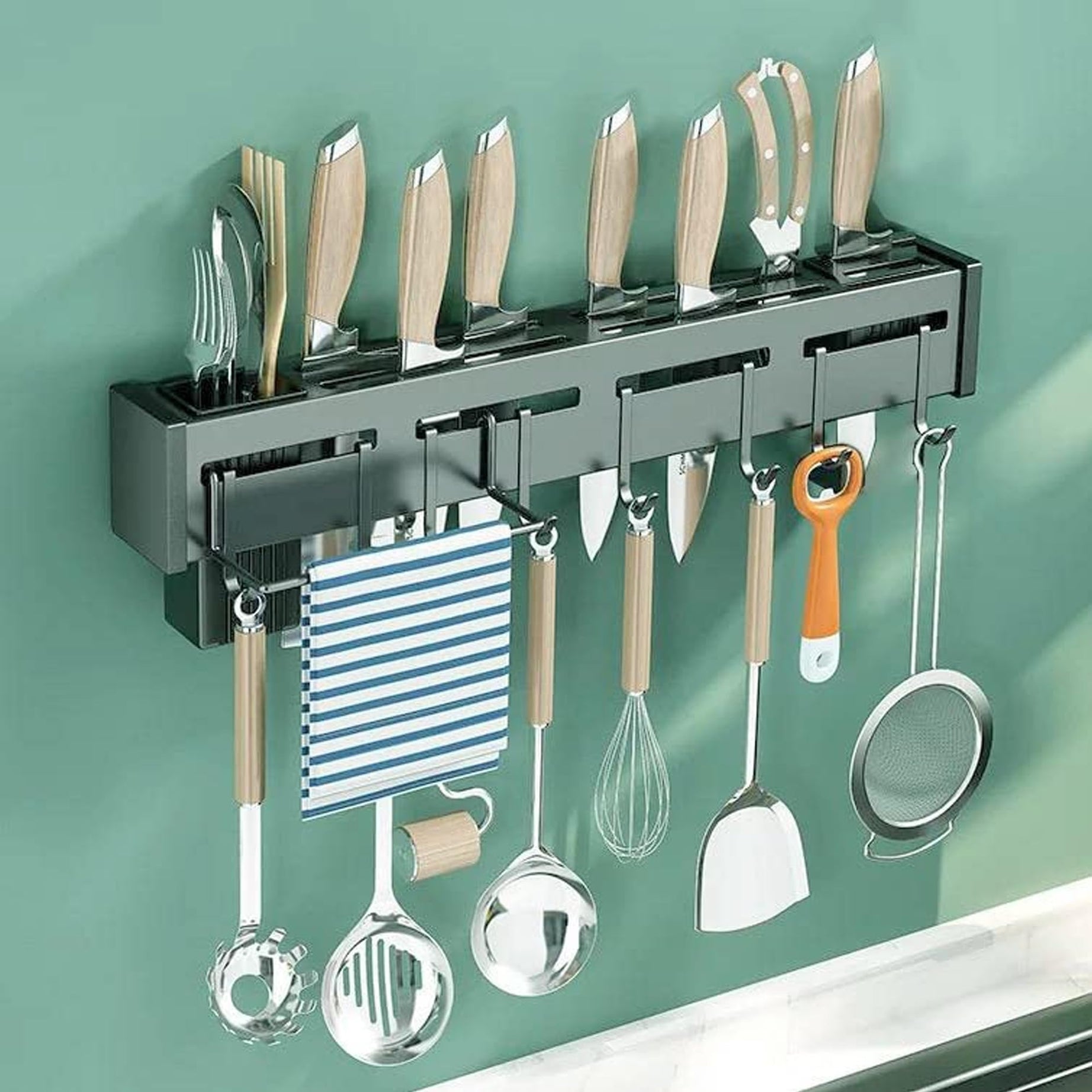 Suzec Kitchen Shelf Advanced Non Rust Stainless Steel Alloy Wall Mount Knife Holder, Towel Hanger, Cutlery Holder Storage Rack High Grade Metal Multi-Purpose (40 x 5.5 x 7cm)