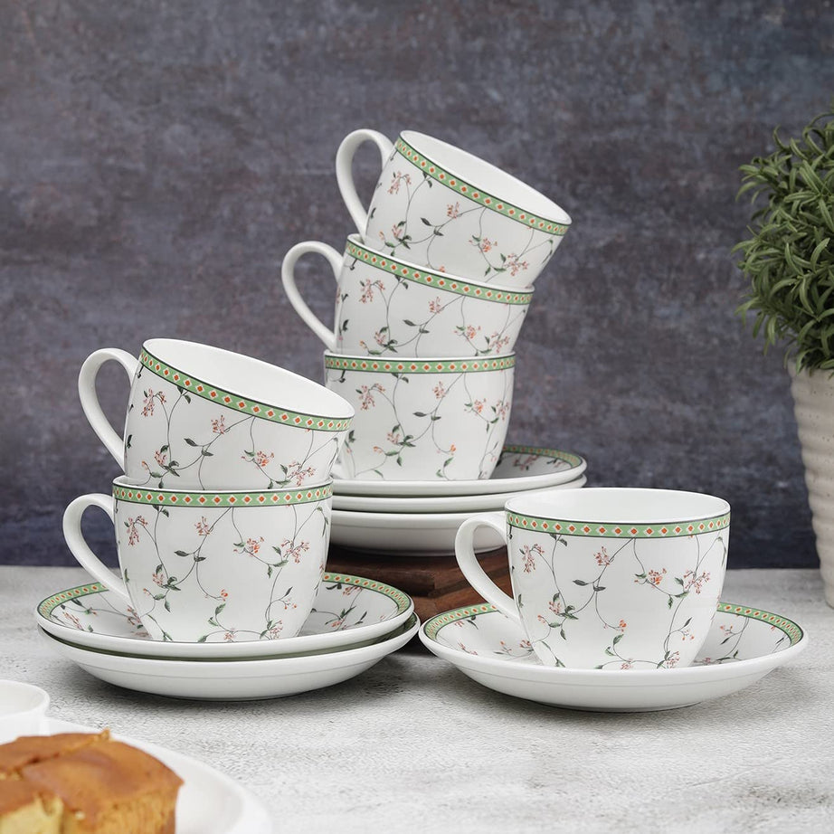 JCPL Fine Ceramic Cup and Saucer Set of 12 (6 Cups + 6 Saucers) Green and White Floral Design - Gift to Your Loved Ones On Any Occassions., Multicolor, Medium, Jcpl-Cs12-Cream-Gs302, 180 Milliliter