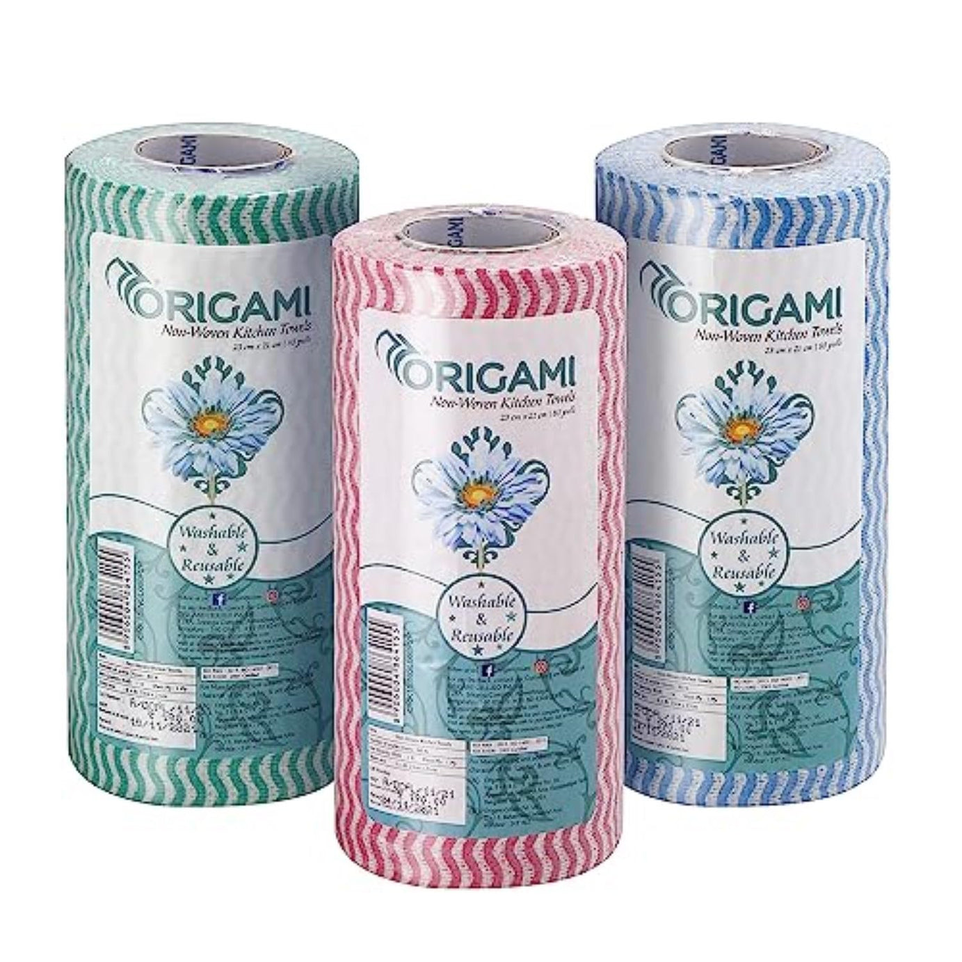 Origami Non Woven Reusable Kitchen Towel Roll - Pack of 3 (80 Pulls Per Roll, 240 Sheets)