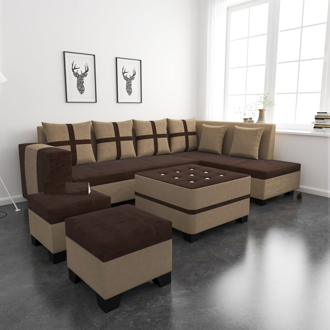 RECTART Luxe 8 Seater L Shape Sofa Set | 2 Ottoman, 6 Small Pillow with Coffee Table for Living Room Furniture (Brown & Cream, 8 Seater) - Wood