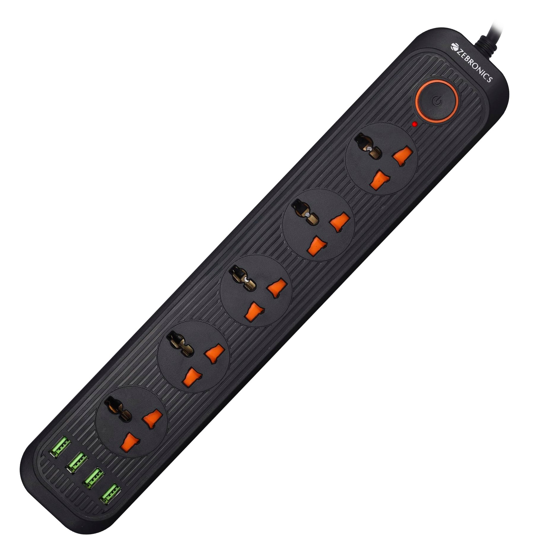 ZEBRONICS PS5340U Power Strip with 5 Universal Sockets, 2500W Max., 4 USB Ports, USB Output 2.4A Max., 3 Meter Copper Cable, Overload Protection, Surge Protection, Wall Mountable, 250 Volts