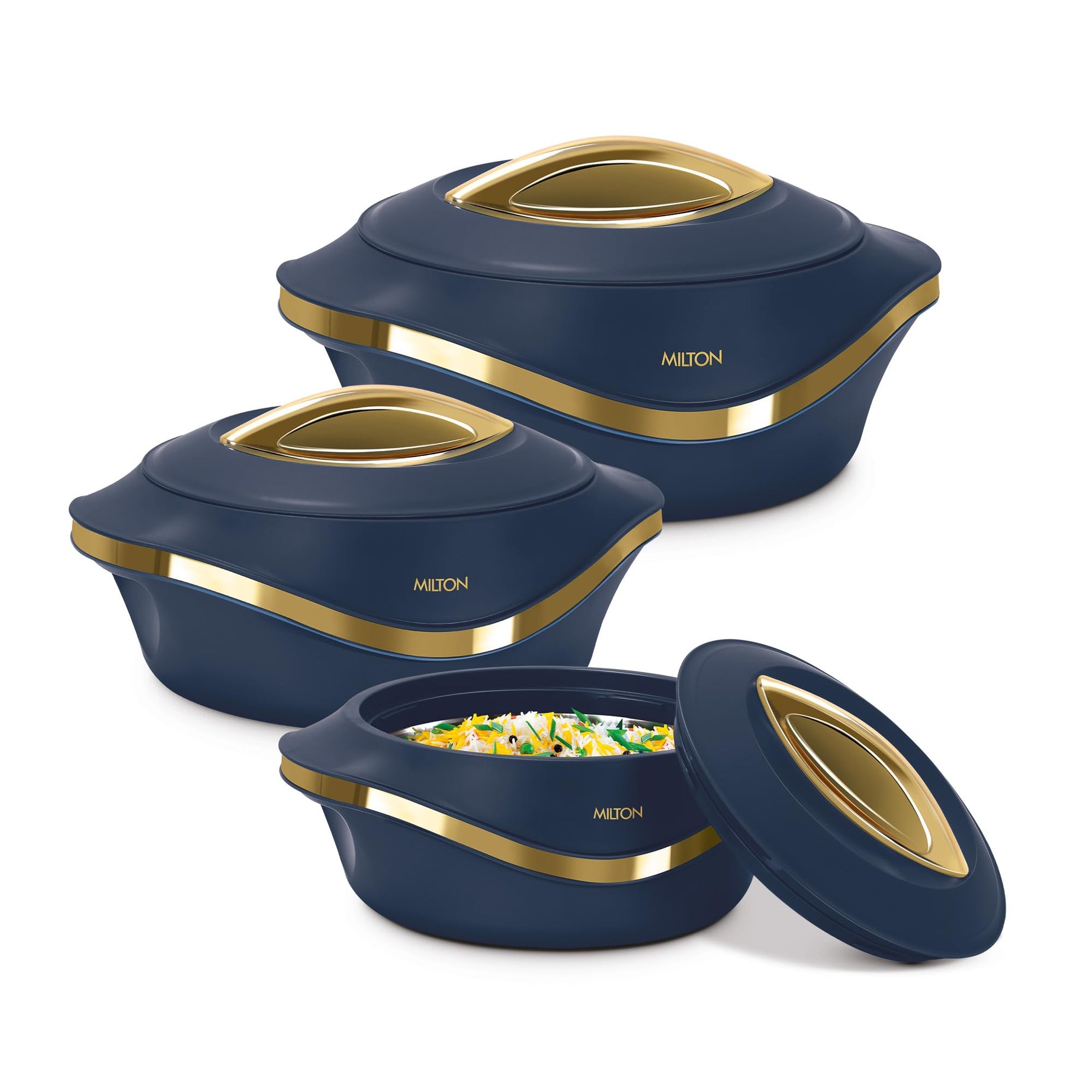 MILTON Pearl Inner Stainless Steel Jr. Casserole Set of 3 (455 ml, 860 ml, 1270 ml), Blue