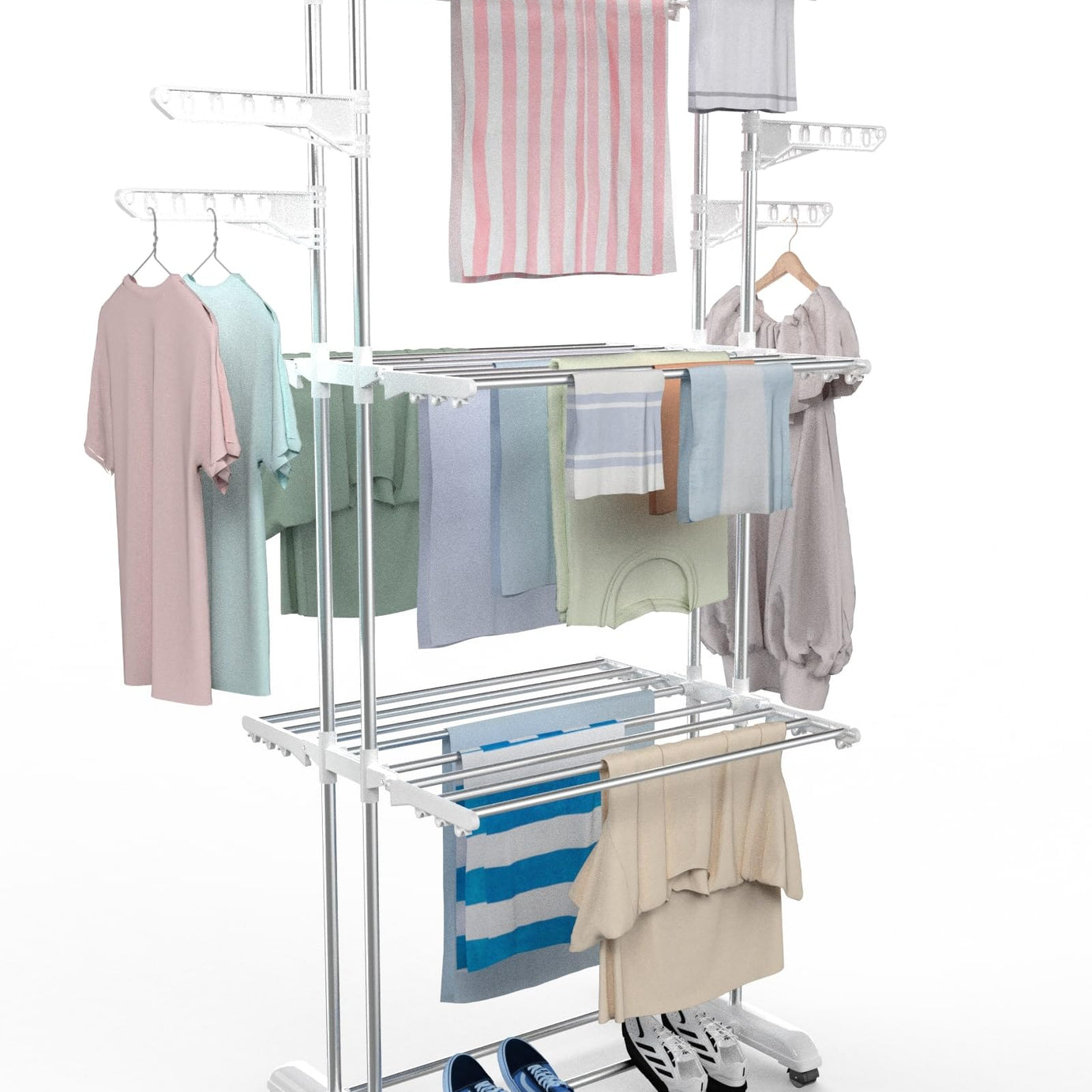 H Houseware Premium Heavy Duty Stainless Steel Foldable Cloth Drying Stand/Clothes Stand for Drying/Cloth Stand/Clothes Dryer/Laundry Racks with Wheels(Pearl White)