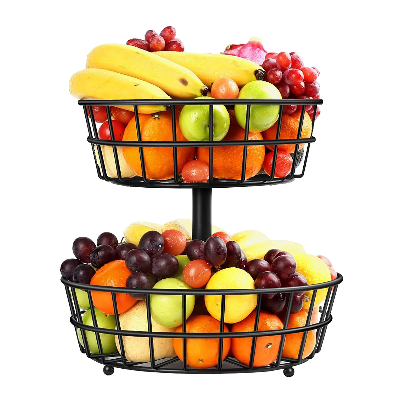 SmartSlide Steel 2 Tier Fruit Basket Fruit Bowl Vegetable Organizer for Kitchen, Fruit and Vegetable Basket Fruit Stand Holder for Dining Table Countertop Fruit Rack (Black)