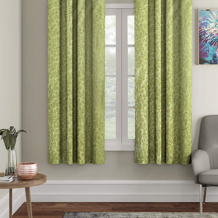 Cortina 2 Piece Leaf Design Panel Eyelet Polyester Window Curtains - 5 Feet, Green