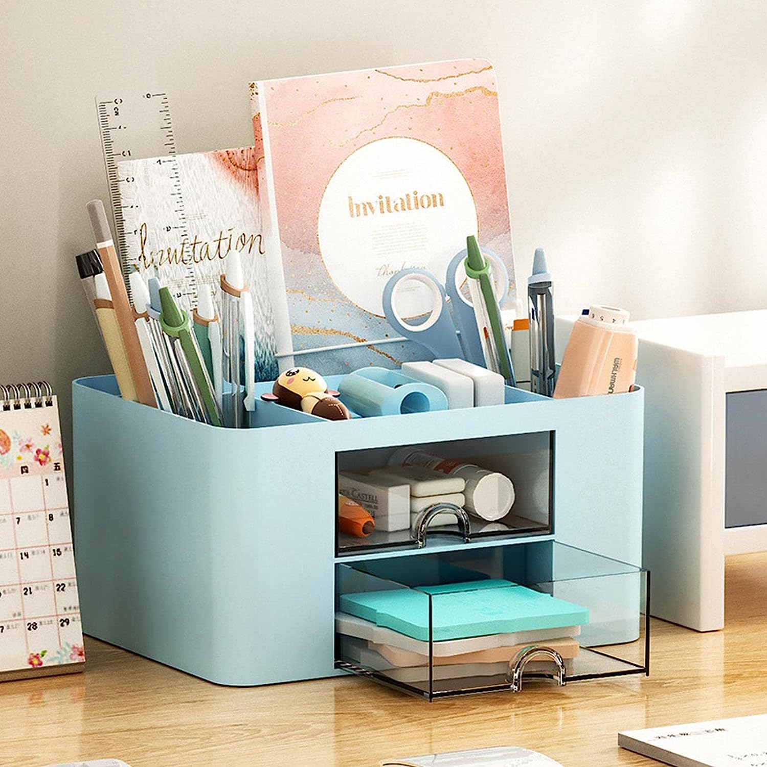 HOME CUBE Plastic Desk Organizer With Drawer Desktop Office Stationery Storage Box Desk Accessories Mobile Holder Table Organiser Study Table Office Table Desk Organizer (Blue)