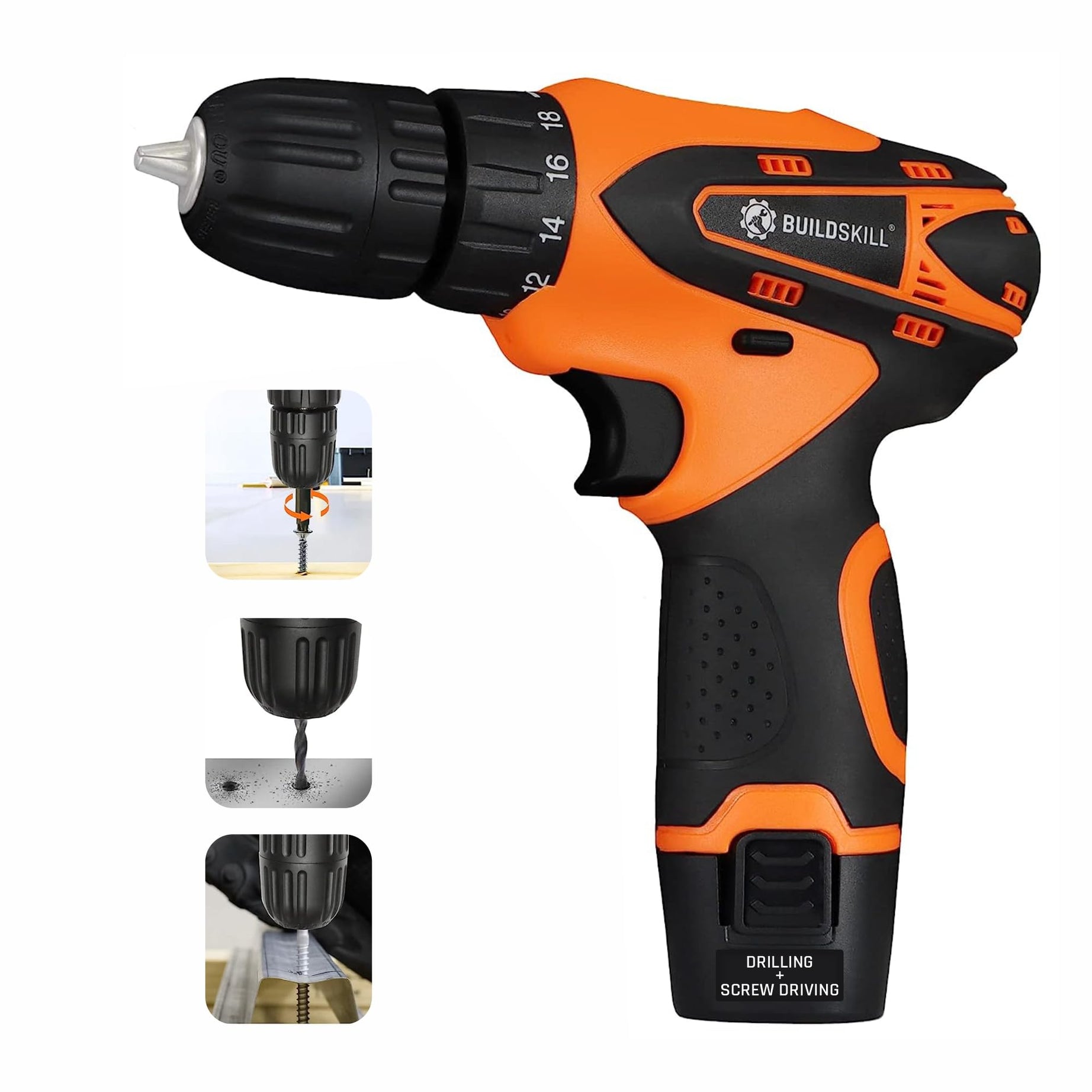 Buildskill Cordless Drill Machine, 12V Drilling Machine for Home, Cordless Screwdriver with LED, Keyless Chuck, Ideal for DIY, Battery Drilling Machine, Suitable for Wood, Metal, Aluminium (Pack of 1)