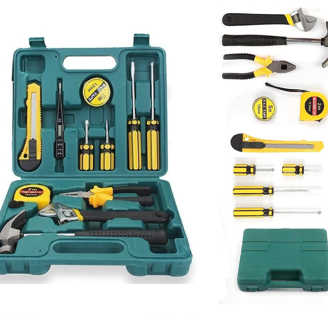 12 in 1 Electrical Repair Home Hand Tool Kit Set With Screwdriver, Hammer, Measuring Tape, Wrenches, Cutter & Pliers All Accessories Hardware Tool box Mechanical Garage Tool Storage kit Emergency Uses