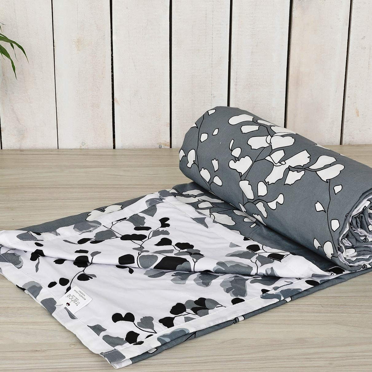 Trance Home Linen Pure Cotton Reversible Dohar Double Bed Size | AC Blanket Comforter | Soft Light-Weight Bed Blanket (84 x 88 inch, Grey White Leaves Abstract, Pack of 1)