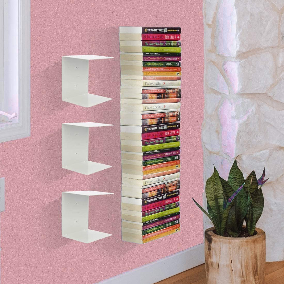 Go Hooked Heavy Duty Metal Wall Mounted Book Shelves for Study Room, Living Room and Bedrooms (3 Pcs) (White)