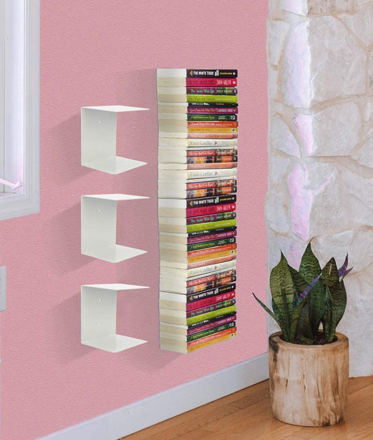 Go Hooked Heavy Duty Metal Wall Mounted Book Shelves for Study Room, Living Room and Bedrooms (3 Pcs) (White)