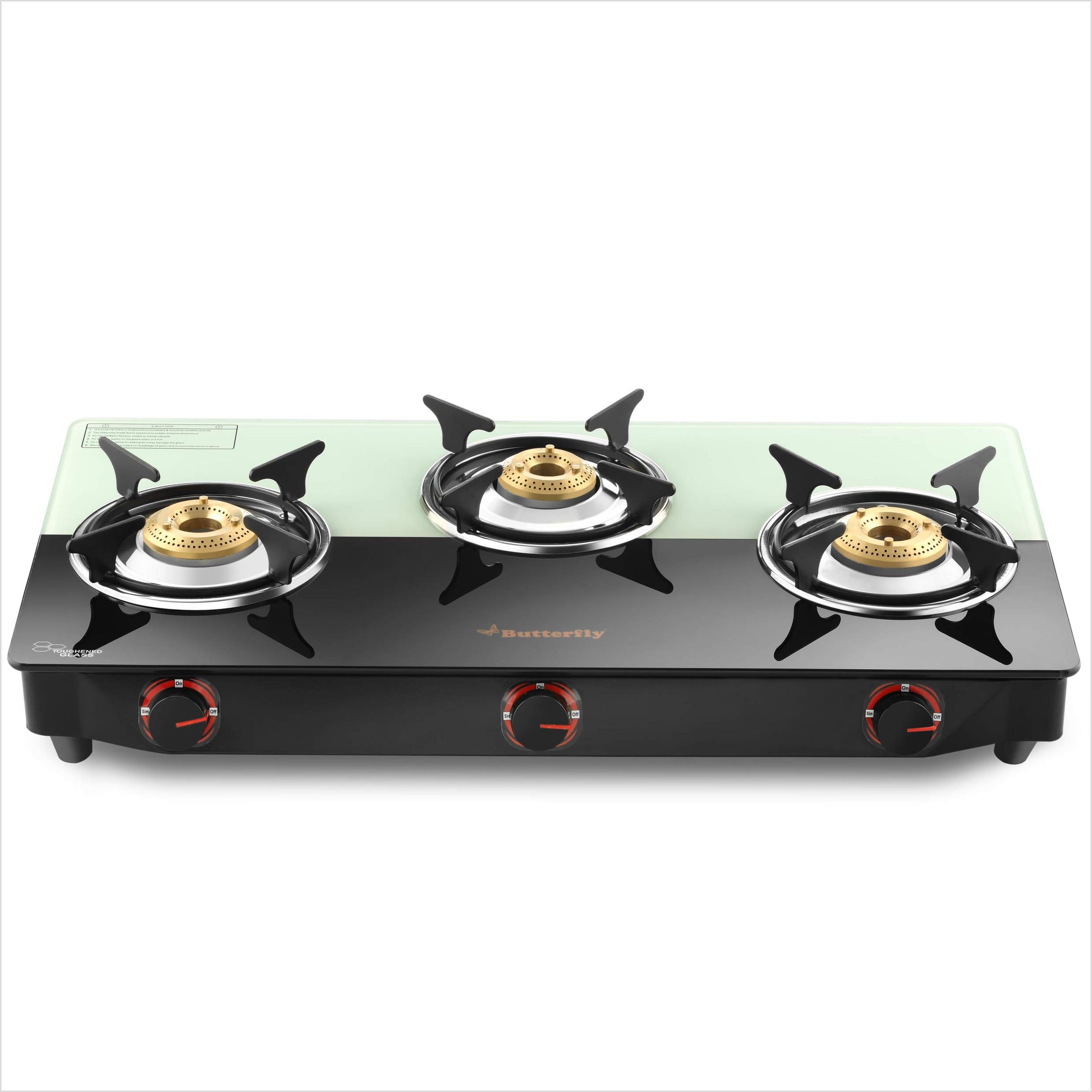 Butterfly Smart Plus Glass 3 Burner Gas Stove, Black & White (Manual Ignition)