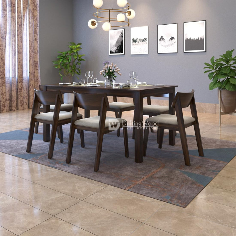 DRIFTINGWOOD Liana Solid Sheesham Wood Dining Table 6 Seater | Wooden Six Seater Dinning Table with Cushion Chairs | Dinner Table 6 Seater | Dining Room Sets | Self Assembly Walnut Finish