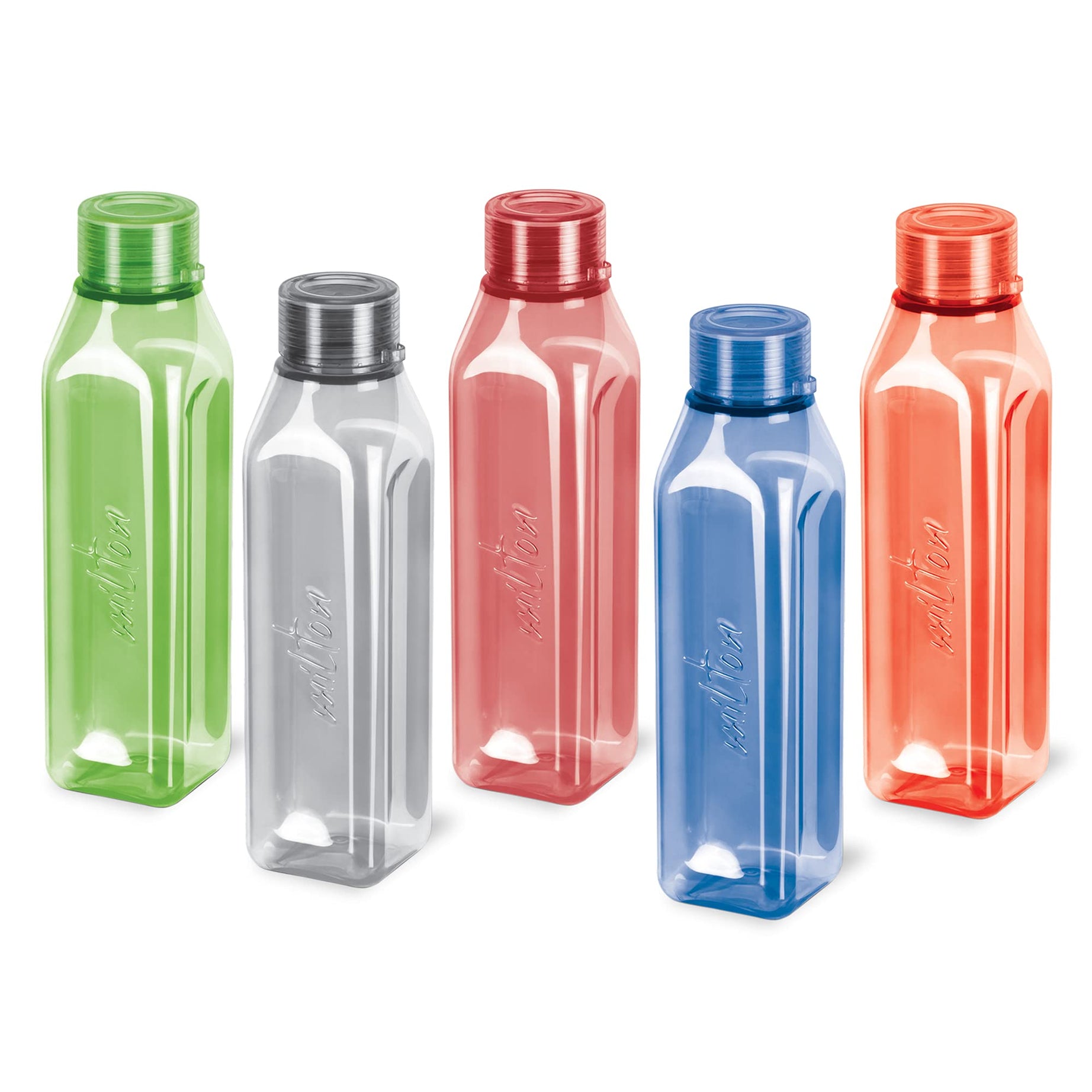 MILTON Prime Pack of 5 Water Bottles, 1 Litre Each, Reusable Plastic Fridge Bottle Set, BPA Free and Leak Proof Bottles for Travel, Work, Assorted