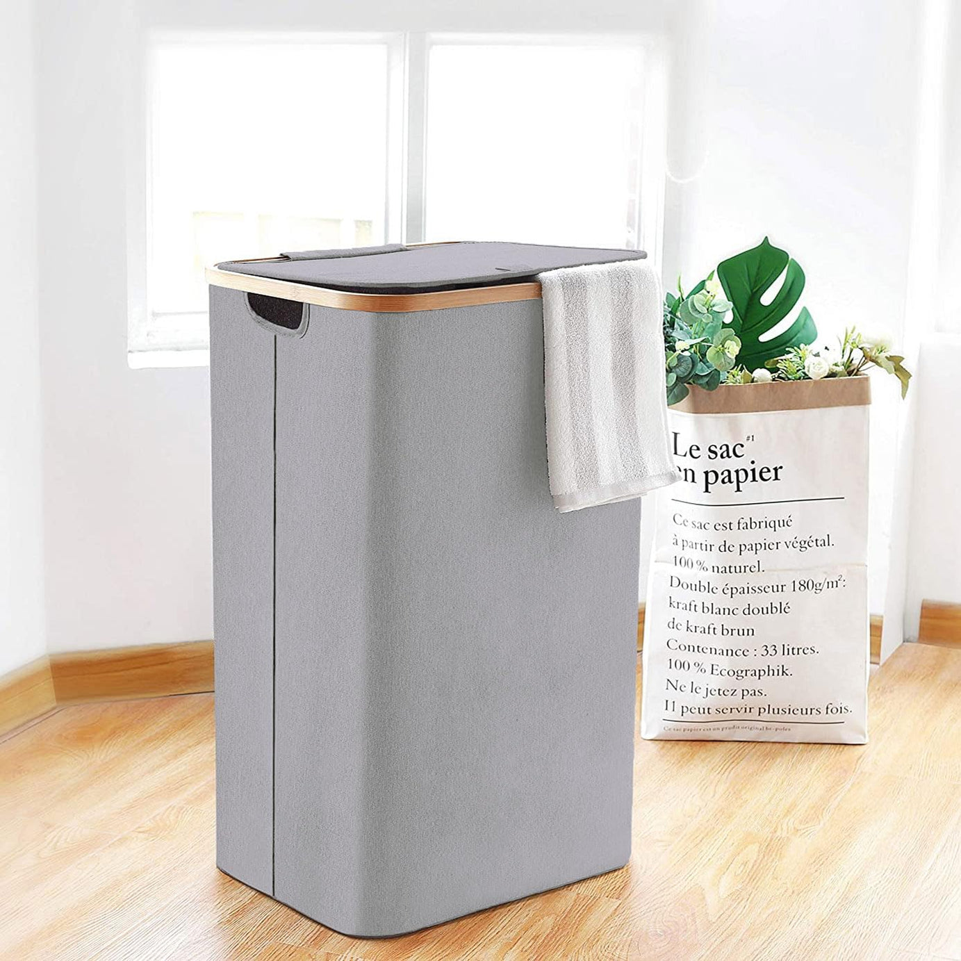 LUXE HOME INTERNATIONAL Tall Laundry Hamper with Bamboo Frame - 40L x 30W x 60H cm - Collapsible Fabric Laundry Basket - Stylish Grey Clothes Storage Organizer for Home and Dorms