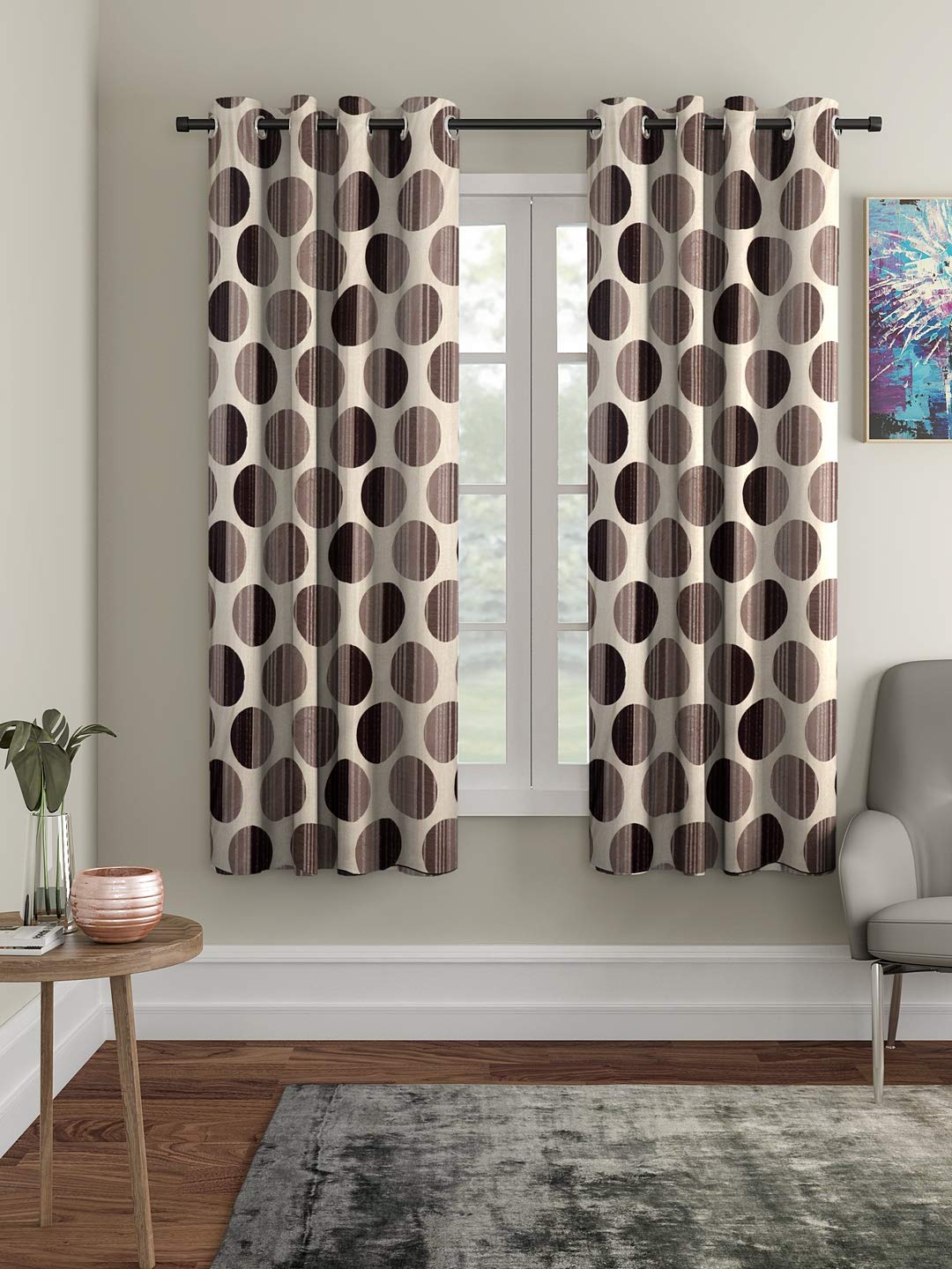 Cortina 2 Piece Polka Design Panel Eyelet Polyester Window Curtains - 5 Feet, Brown