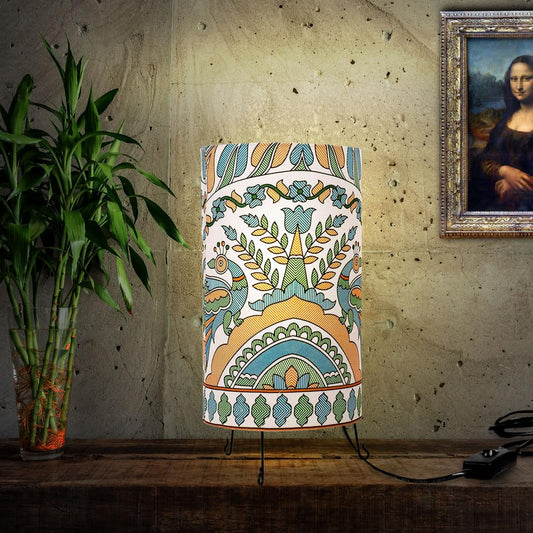 DECOR HOUSE Green Madhubani Print Bedside Shade Lamps for Home Decoration | Metal Base Table Lamp for Bedroom & Living Room | Rayon Fabric Bedside Night Lamp for Bedroom