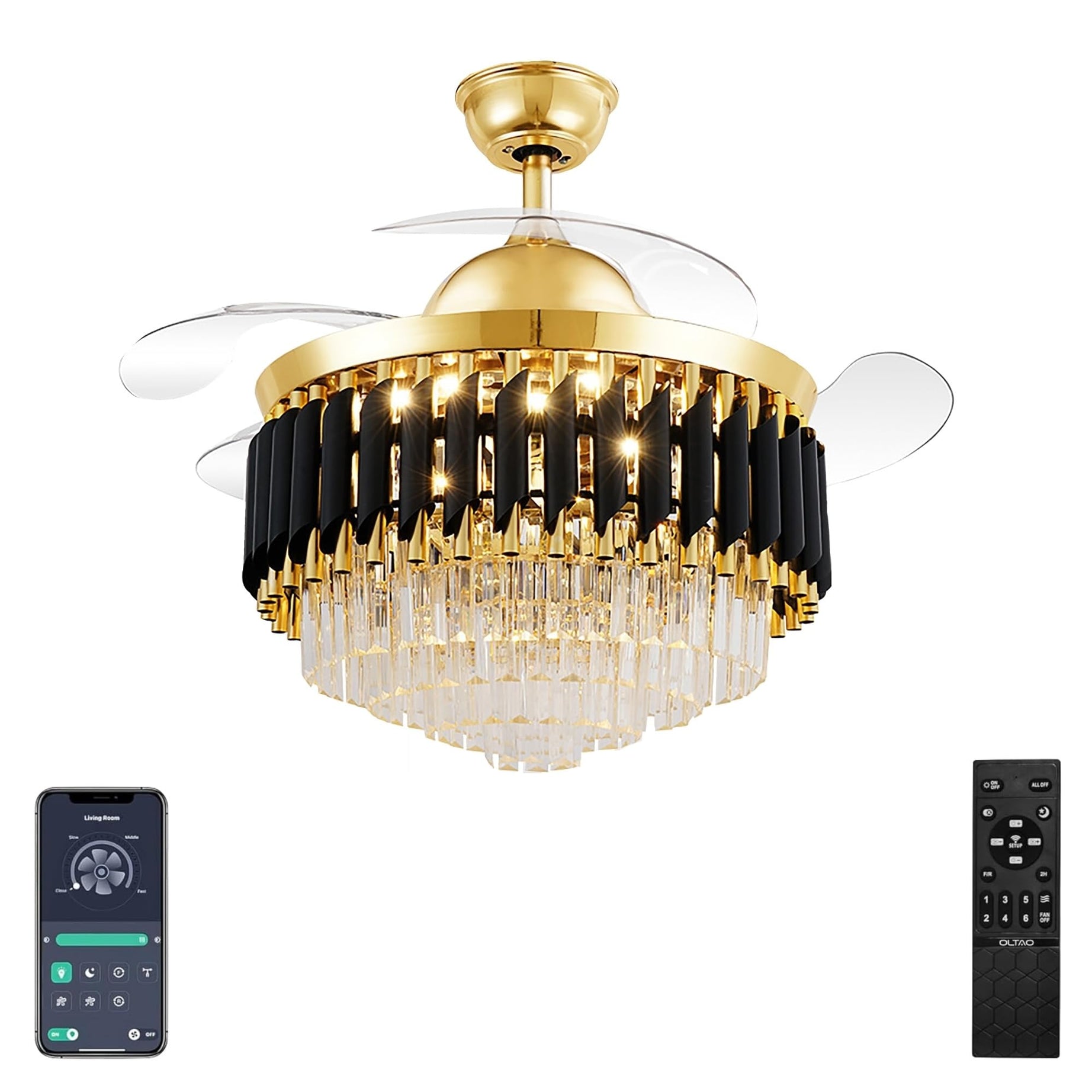 oltao Gracy Chandelier Fan Dimmable 3 colour LED Light, App & Remote Control, BLDC Motor with Clear Retractable ABS Blades