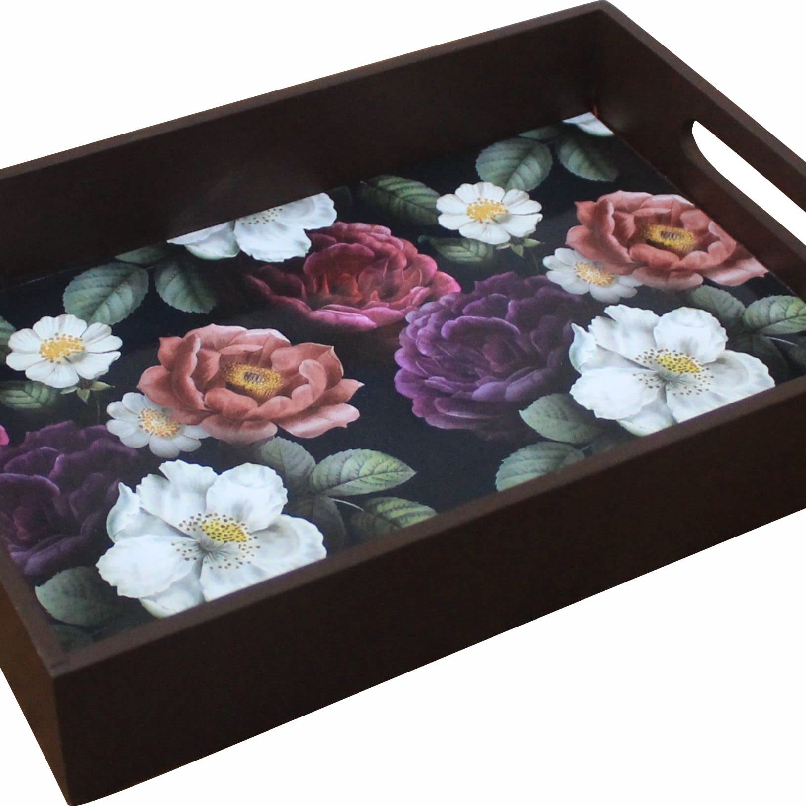 Enigmatic Woodworks Wooden Serving Tray with Handle I Rectangular Tea Breakfast Platter I Decorative Bathroom Décor I Kitchen Bedroom (Brown Rose)