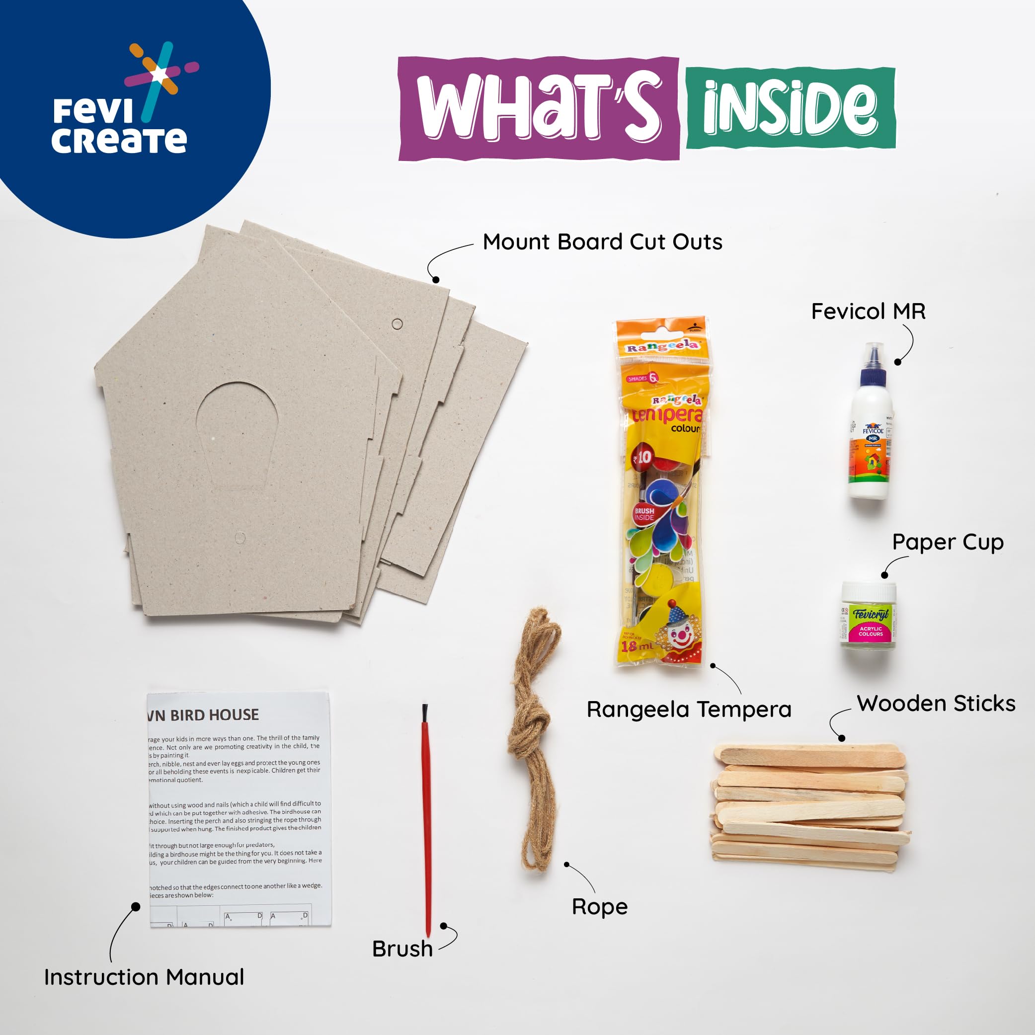 Fevicreate Bird House Art & Craft Kit | Craft, Paint and Hang a working Bird house in your garden | Boost child's creativity | Screen-Free Engagement | By Fevicol | Best Gift for Kids Age 5+ years