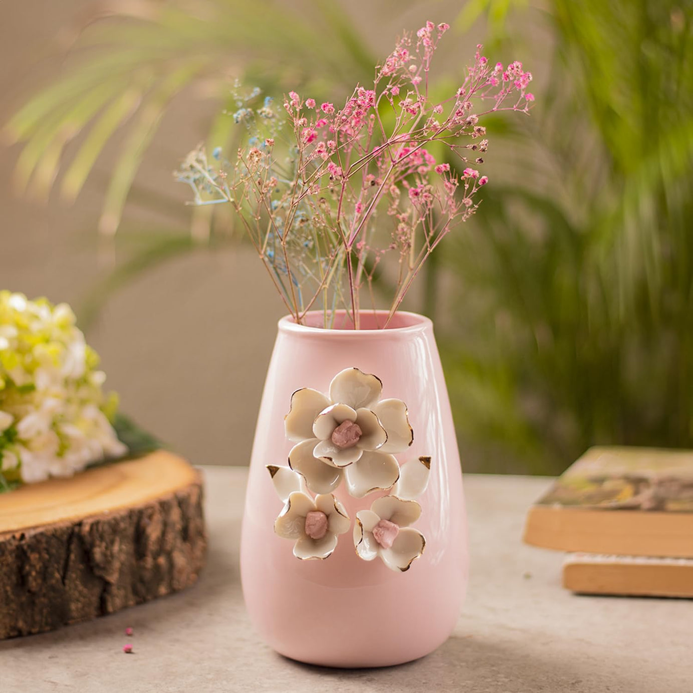 Market99 Pink Ceramic Vase - Engraved Floral Pattern, Flower Holder | Vase for Flower Pot, Gift, Home Decor, Bedroom, Office, Living Room, Aesthetic |Dimension| - 10 x 10 x 15 Cm