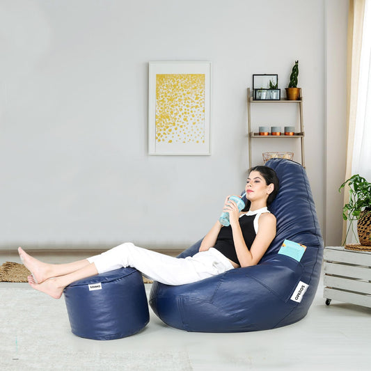 Amazon Brand - Solimo Premium Faux Leather Bean Bag Combo with Footrest & Cushion, Filled with Beans | Multifunctional Pocket| Capacity: Upto 6 Ft Height, 100 KG Weight | 2XL | Deep Indigo Navy Blue