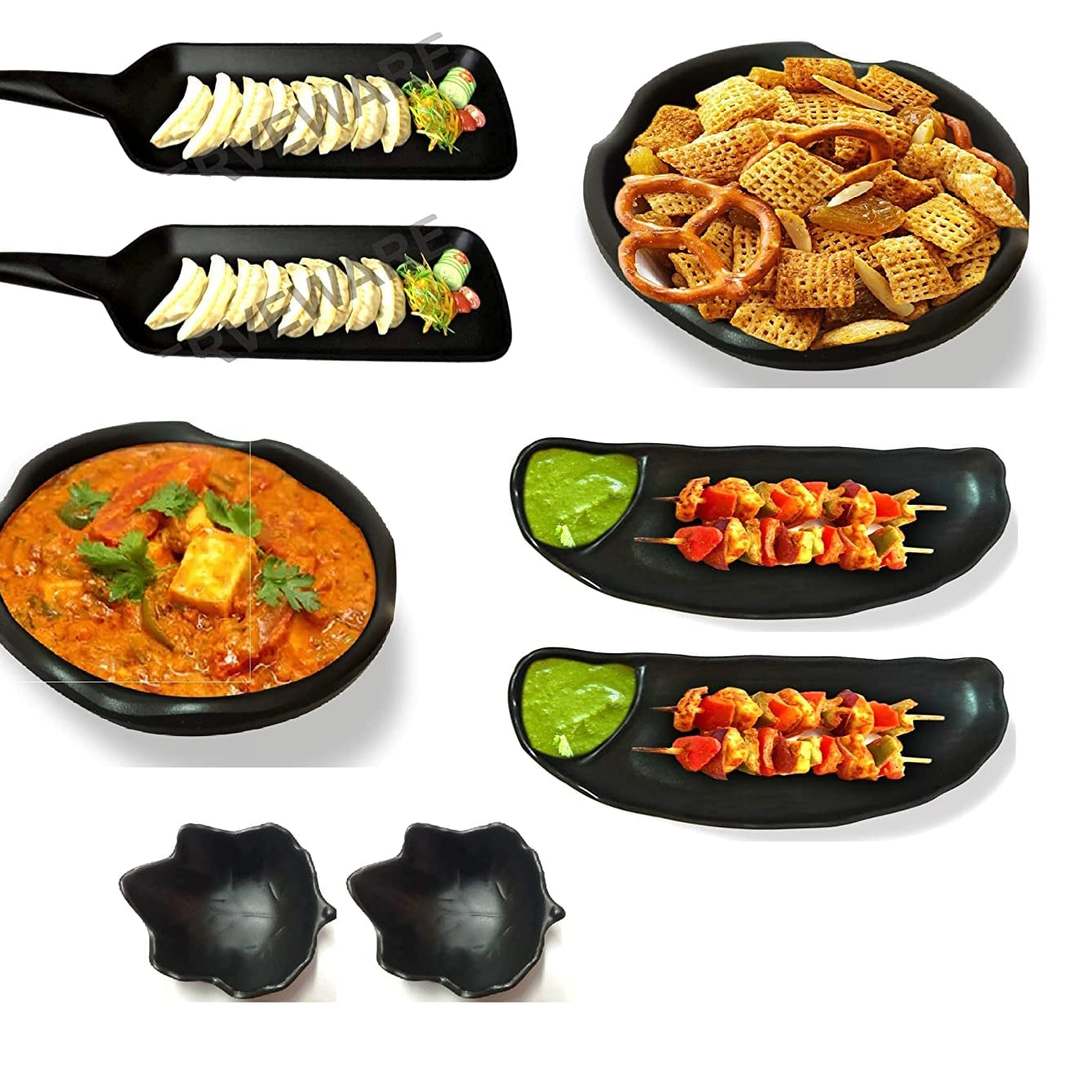 ZIDO (Pack of 8 / Exclusive Multipurpose Serving Platter (2 Bat Shape, 2 Chip N Dip, 2 Chaat Papdi Plate, 2 Dip Bowl) for all types of Snacks like momos, spring roll, roasted & tandoori items