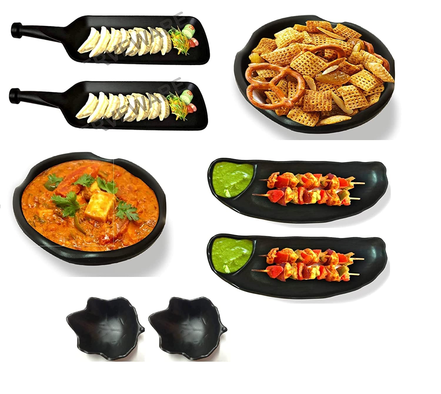 ZIDO (Pack of 8 / Exclusive Multipurpose Serving Platter (2 Bat Shape, 2 Chip N Dip, 2 Chaat Papdi Plate, 2 Dip Bowl) for all types of Snacks like momos, spring roll, roasted & tandoori items