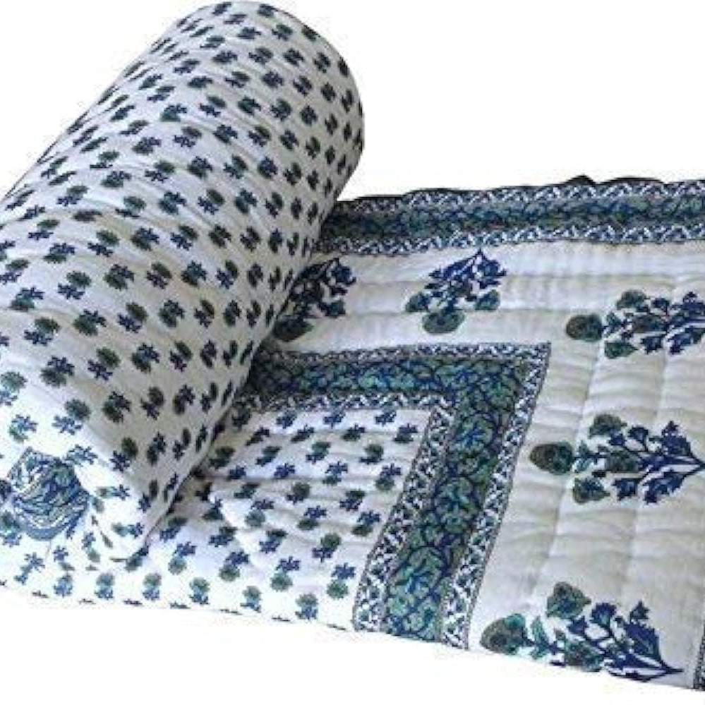 SVT Traditional Famous Jaipuri Beautiful Floral Print In White And Blue Jaipuri Rajai/Razai/Quilt Single/Single Bed Quilt/Comforter/Ac Quilt/Ac Comforter, Cotton, Lightweight Pack Of 1,200 TC