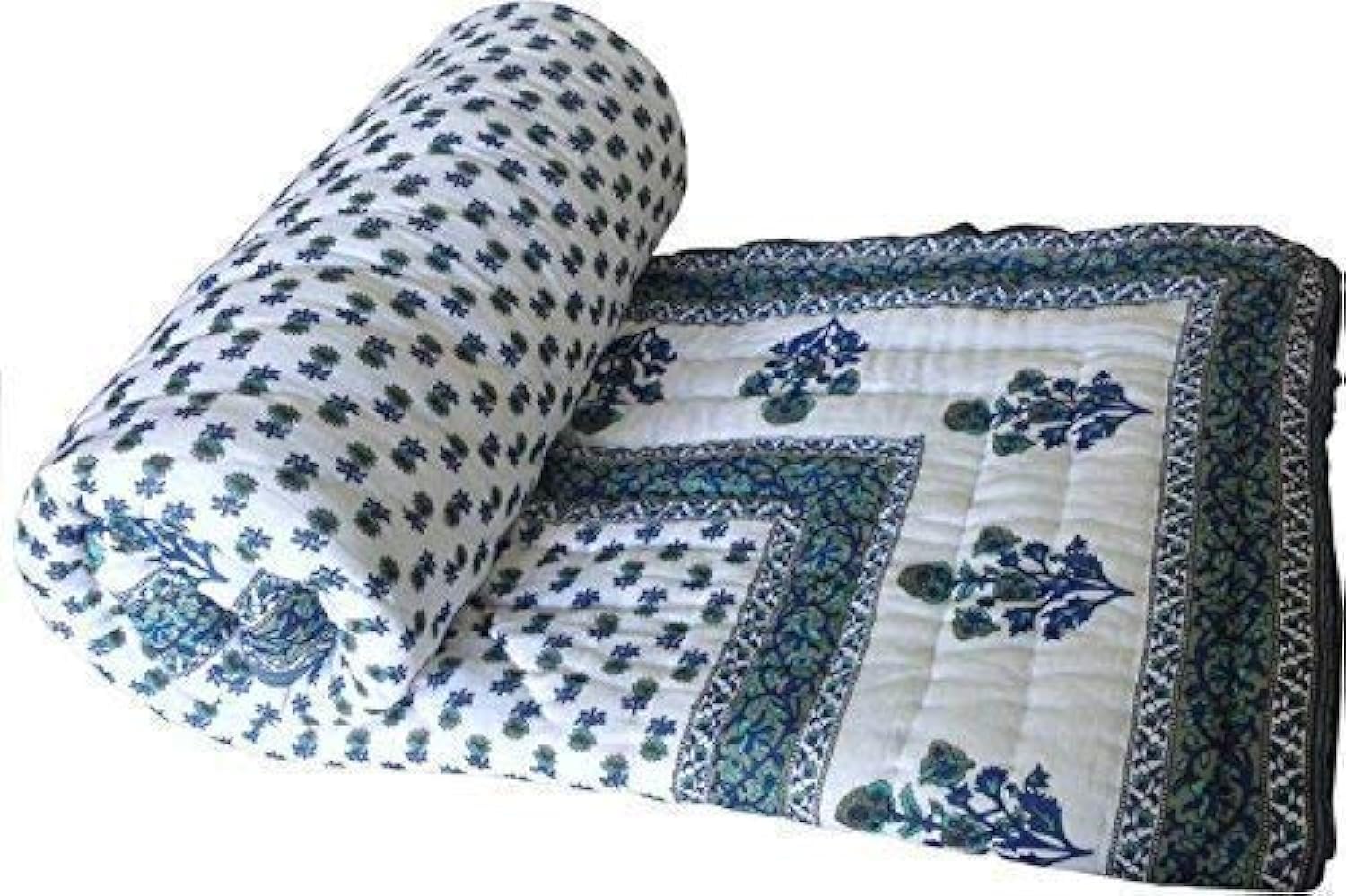 SVT Traditional Famous Jaipuri Beautiful Floral Print In White And Blue Jaipuri Rajai/Razai/Quilt Single/Single Bed Quilt/Comforter/Ac Quilt/Ac Comforter, Cotton, Lightweight Pack Of 1,200 TC