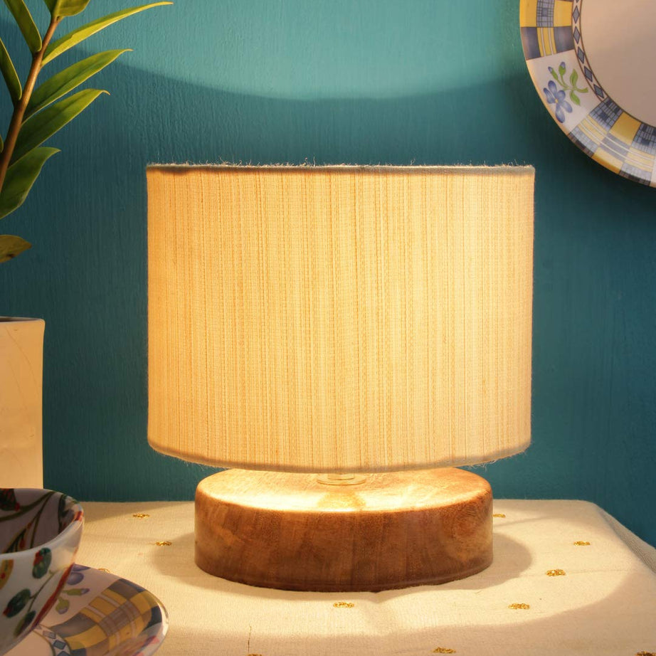 Amdhome Drum Designer Off White Cotton Shade Table Lamp With Wood Wood Base 32 - Fluorescent