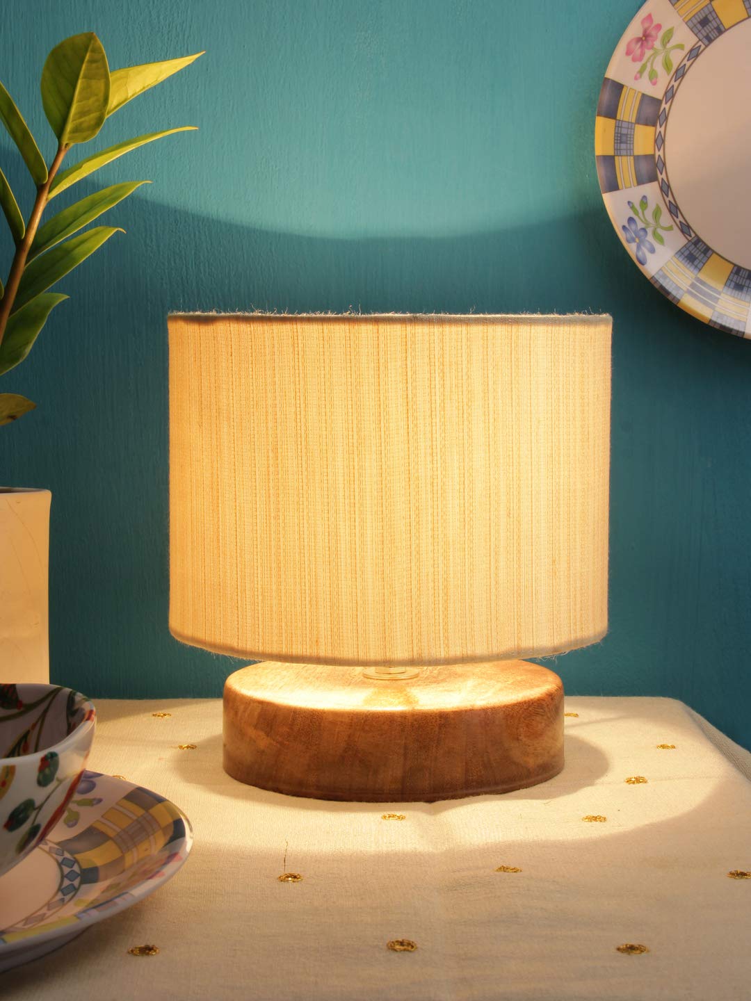 Amdhome Drum Designer Off White Cotton Shade Table Lamp With Wood Wood Base 32 - Fluorescent