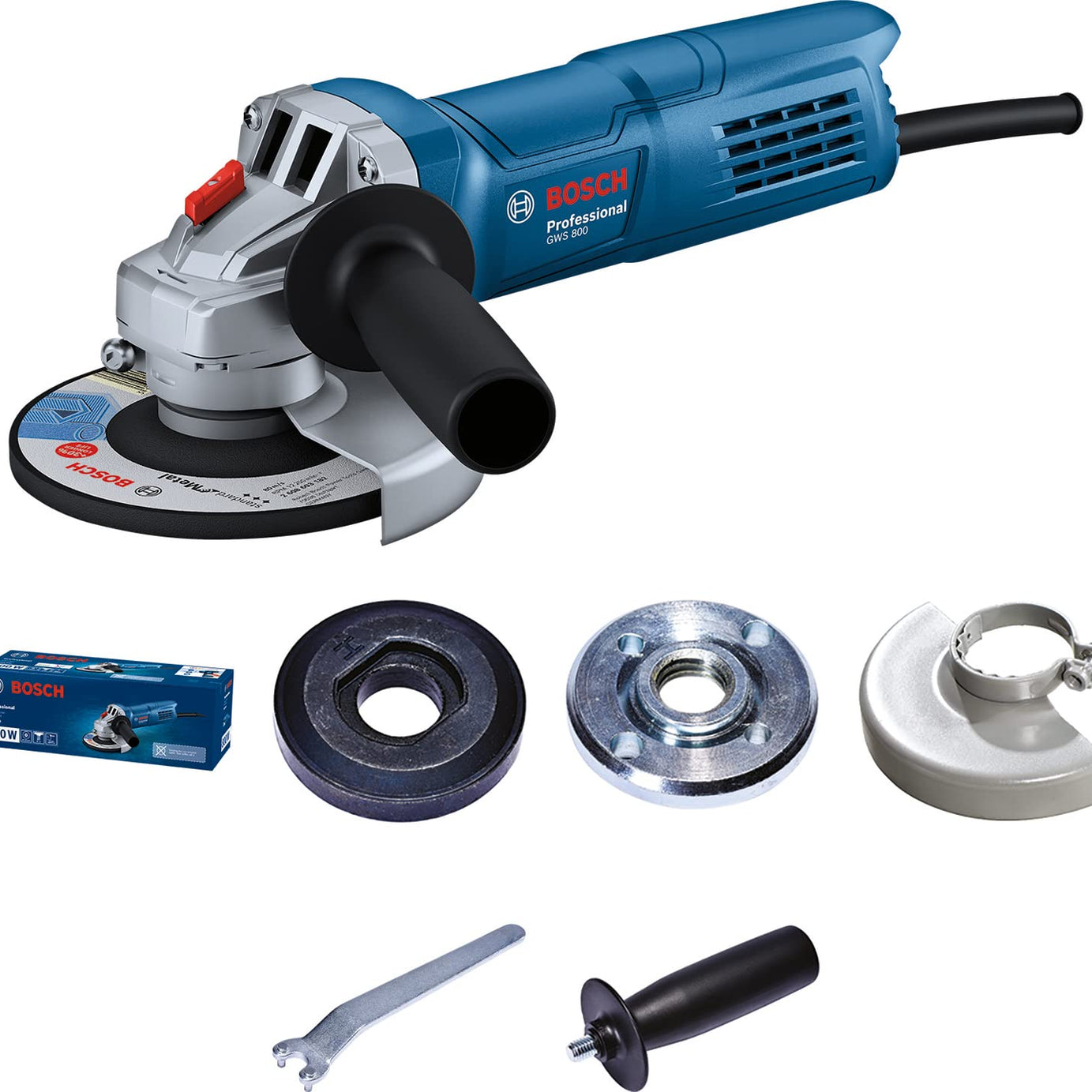 BOSCH Professional GWS 800 Corded Electric Angle Grinder, M10, 800W, 100 mm Disc Dia, with Auxiliary Handle, 1 Year Warranty