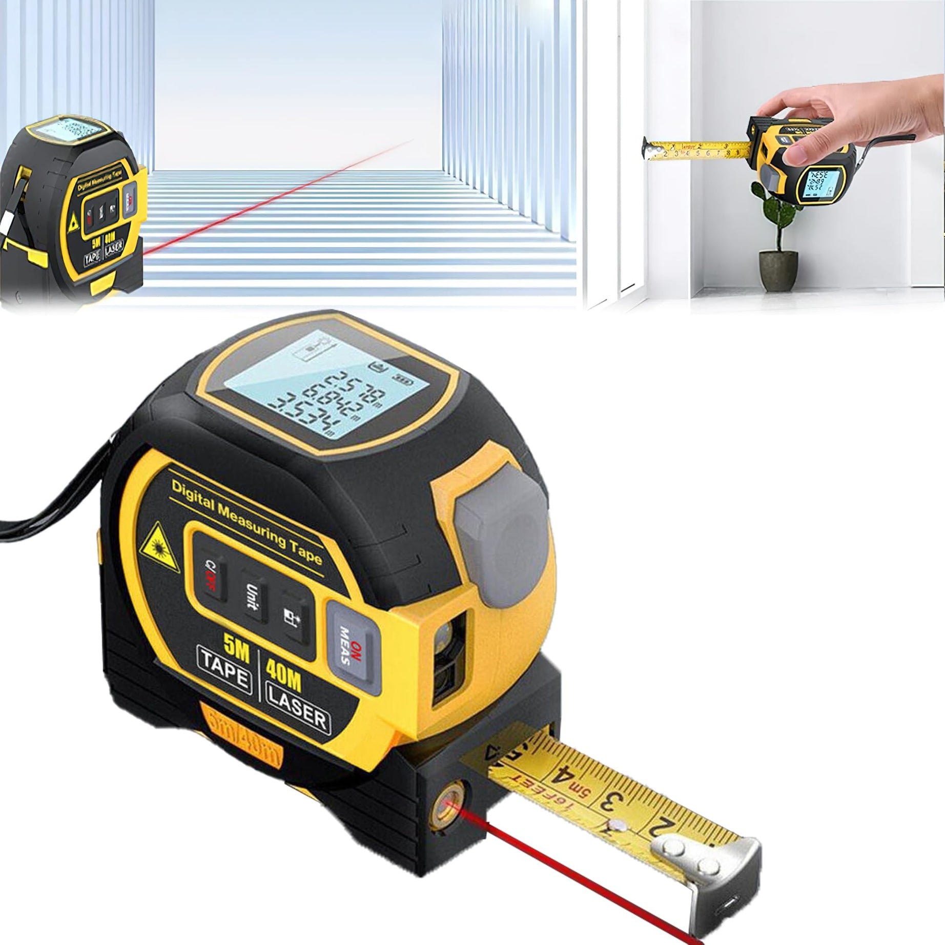 AVEDIA 3 in 1 Digital Tape Measure, Infrared Distance Meter Device, Auto Electronic Measuring Tool, 40 Meter with Laser Level Line, Distometer, Inch Measurement Machine Tools