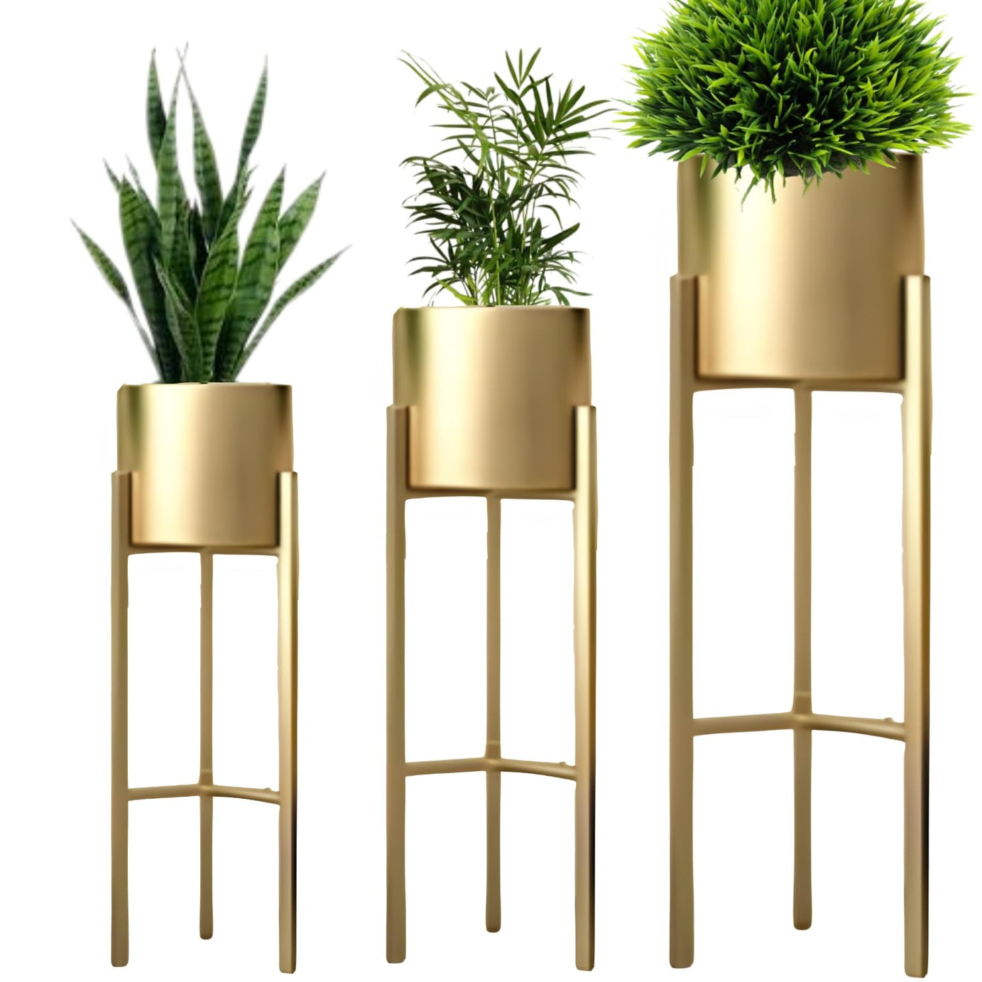 JS HANDICRAFT Unique Metal Floor Flower Stands Planter for Living Room Bedroom Display Plant Stand Tall Indoor Plant Stand with Planter Pot -Set of 3 Gold Powder Coated