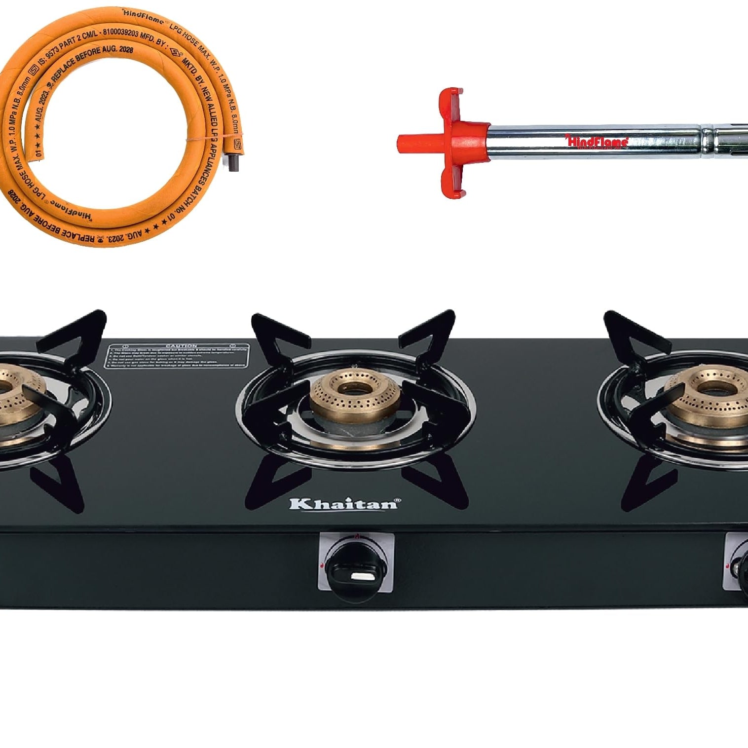 Khaitan 3 Burner Jio Black Toughened Glass | LPG Cooktop I Manual Ignition Stove| Ergonomic I Gas Stove Combo - 3B Jio + 1 HF Lighter + 1 HF Hose pipe Glass Manual Gas Stove (3 Burners)