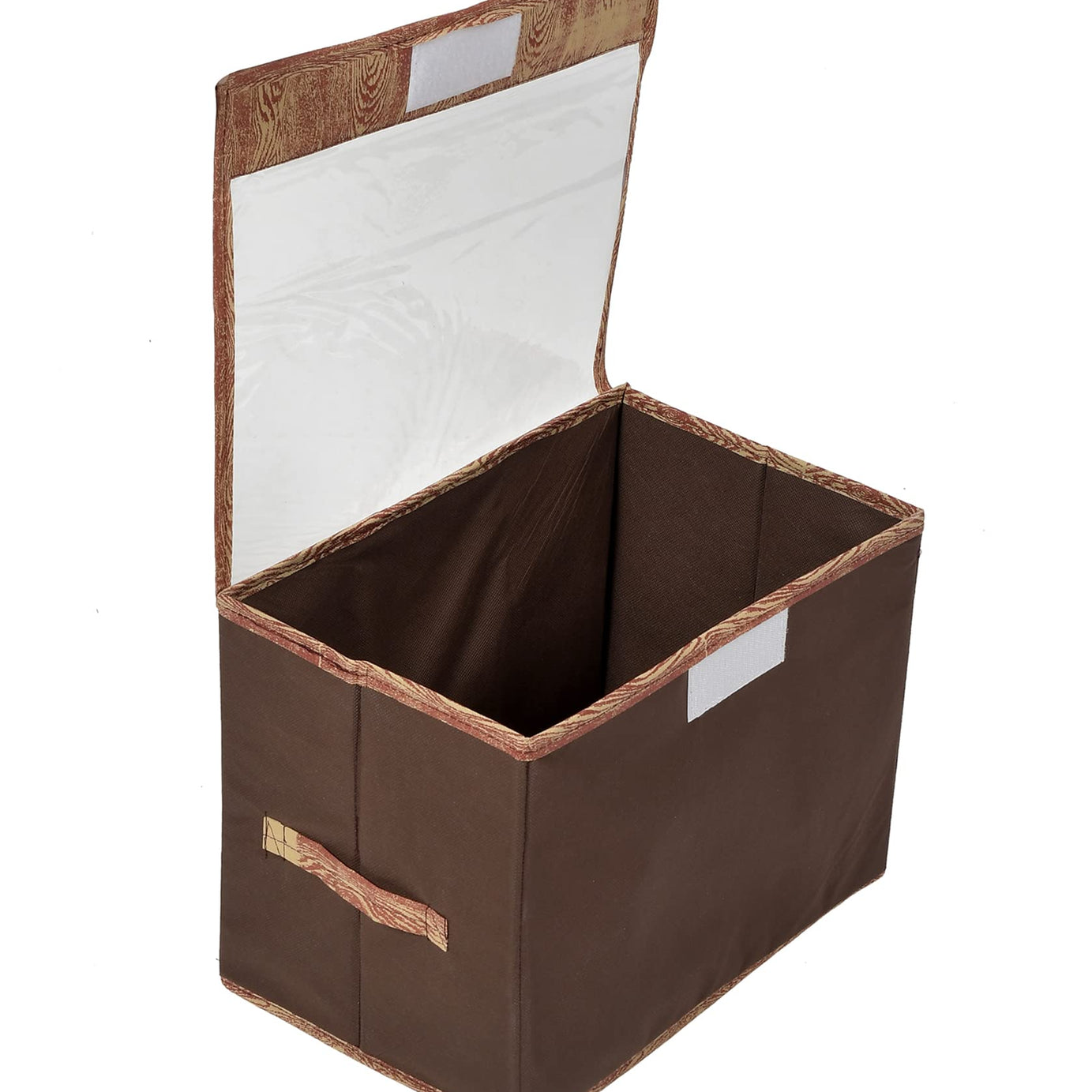 Kuber Industries Wooden Design Foldable Small Non-Woven Storage Box|Tranasparent Lid|Durable Handles|Size 35 x 18 x 22 CM (Brown)-44KM0430, Rectangular