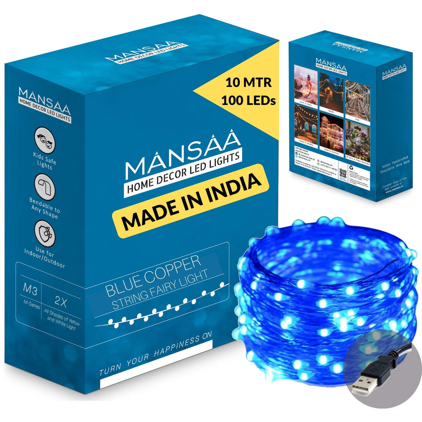 MANSAA Fairy Lights | 18 Months Warranty | 10 Meter, 100 LEDs | Lights for Home Decoration, Led Lights, String Lights for Home Decoration, String Light, USB Operated - M6 (Yellow, Pack of 1)