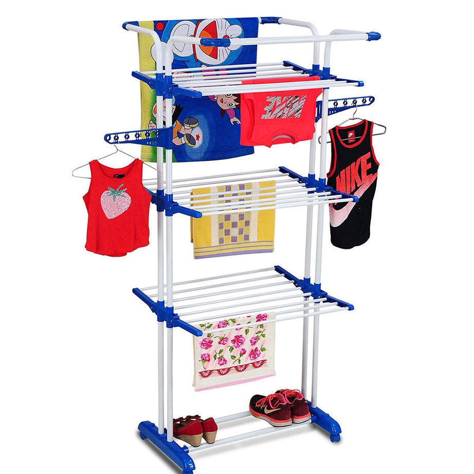 PARASNATH 3 Poll -Blue Colour Clothes Drying Stand Rack with Breaking Wheel System Drying Rack - Made in India - Diwali Launch Offer