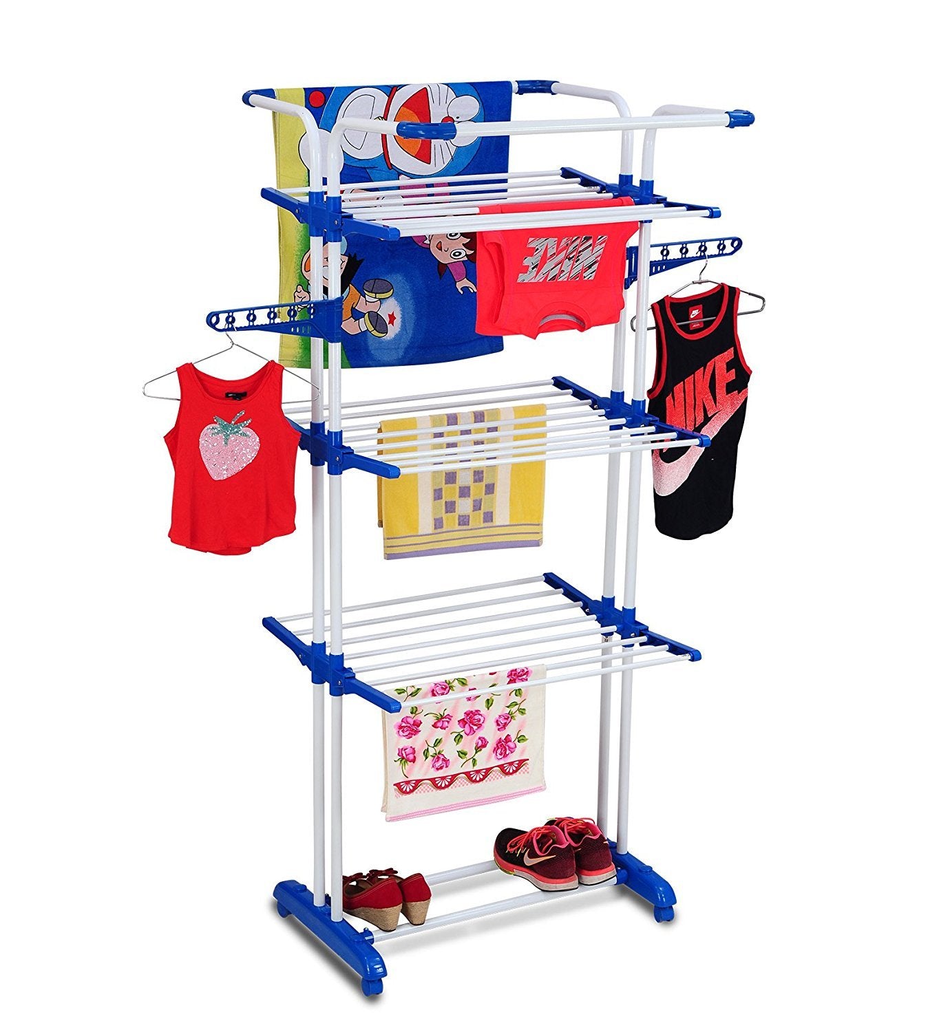 PARASNATH 3 Poll -Blue Colour Clothes Drying Stand Rack with Breaking Wheel System Drying Rack - Made in India - Diwali Launch Offer