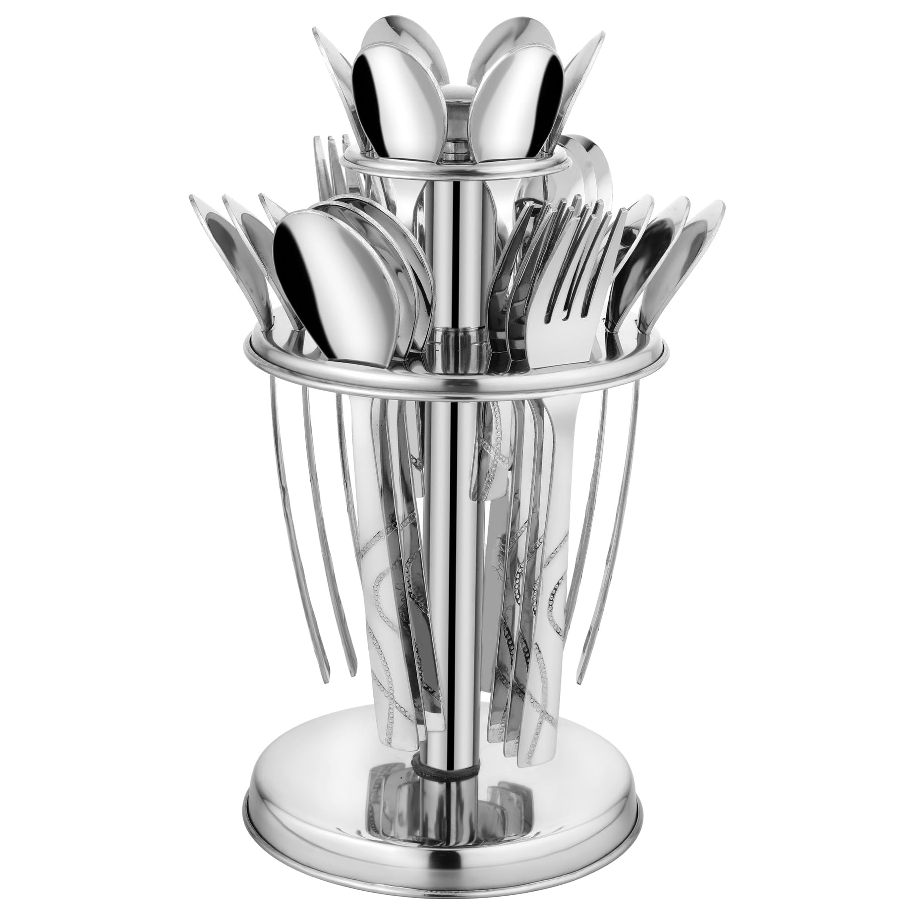 Parage 25 Pieces Beauty Premium Stainless Steel Cutlery Set for Home & Kitchen (Contains: 6 Table Spoons, 6 Forks, 6 Tea Spoons, 6 Dinner Spoons, 1 Stand), Spoon Set, Dining Tableware Fancy- Silver