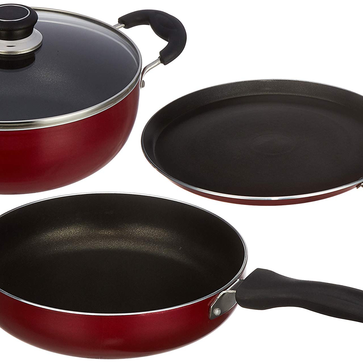 Amazon Brand - Solimo 3-Piece Aluminium Cookware Set - Fry Pan,Kadhai&Tawa|2-Way 3 Layer Non-Stick Coating|Induction Friendly Design|Pfoa Free|High Temperature Resistant Exterior Coating,Maroon