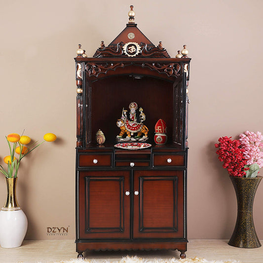 DZYN Furnitures Large Pooja Mandap with Doors Solid Teak Wood Ply Almirah Cupboard Temple Door Wooden Temple Large Size for Home Solid Teak Wood Mandir Big Size(Brown Gold)