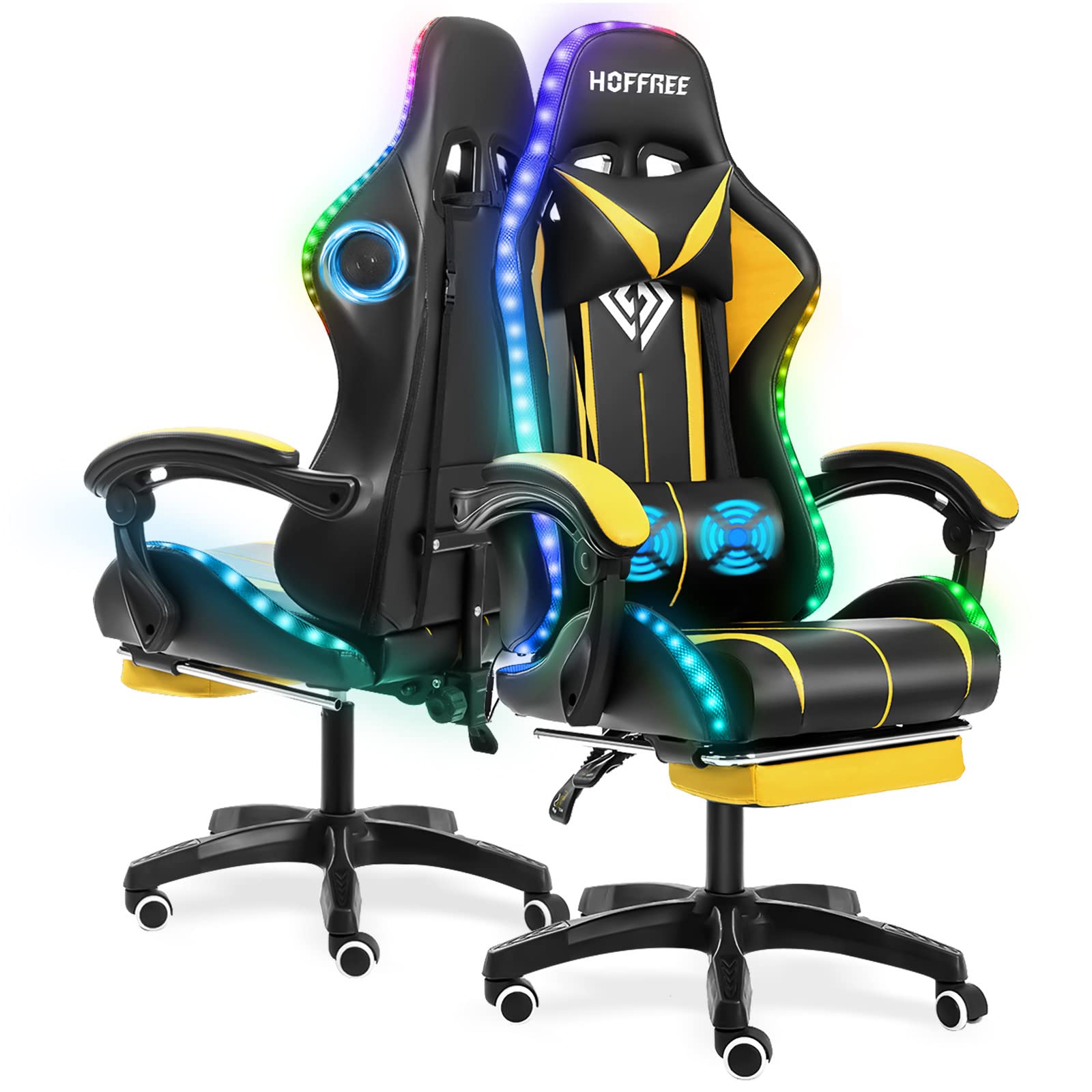 Gaming Chair with Bluetooth Speakers and LED RGB Lights Ergonomic Massage Computer Gaming Chair with Footrest High Back Music Video Game Chair with Lumbar Support Yellow and Black