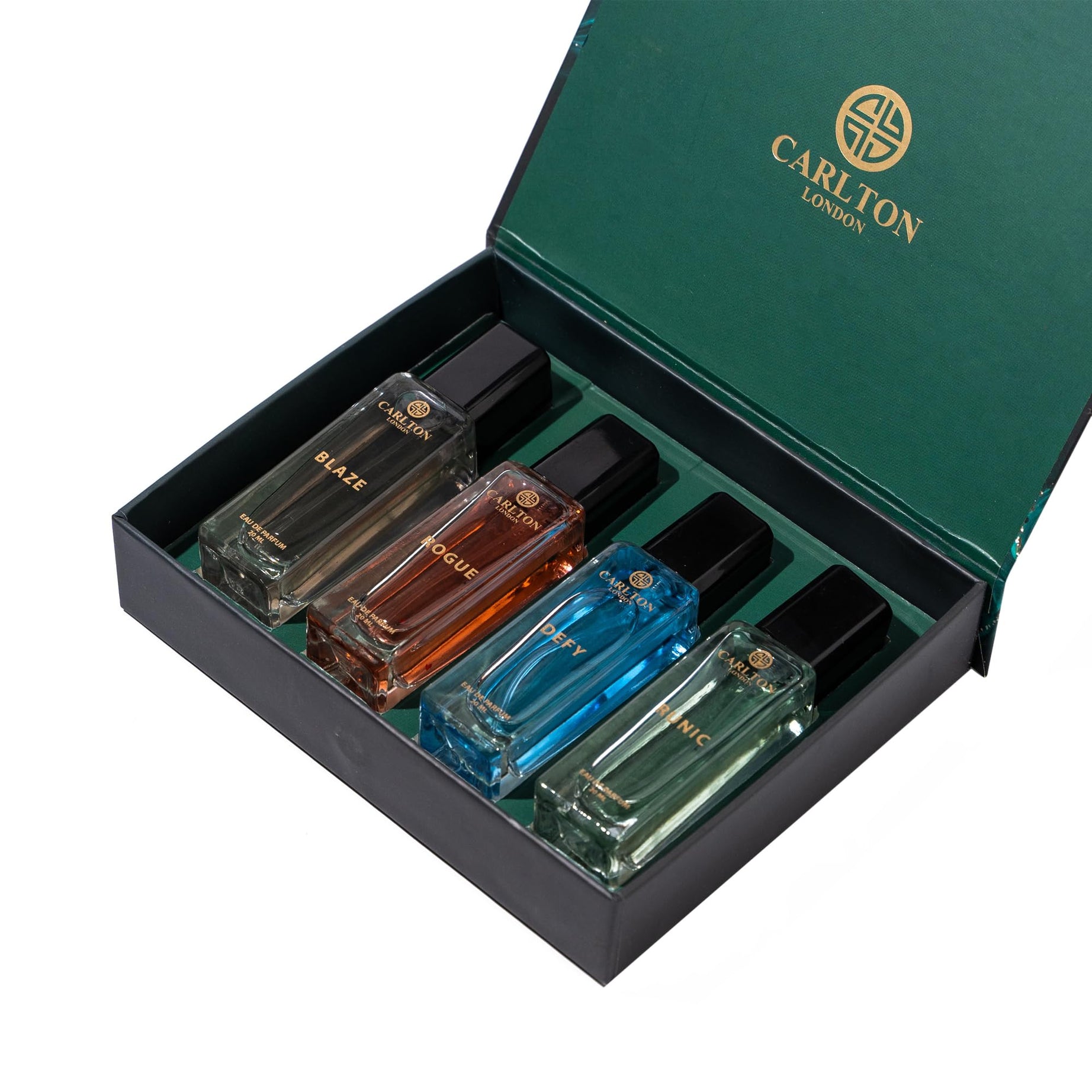 Carlton London Iconic Men Liquid Perfume Gift Set Premium Fragrances With Woody Citrusy Scent Defy, Rogue, Blaze & Runic Long Lasting Edp Perfume Birthday Anniversary Gifting I 4X20 Ml