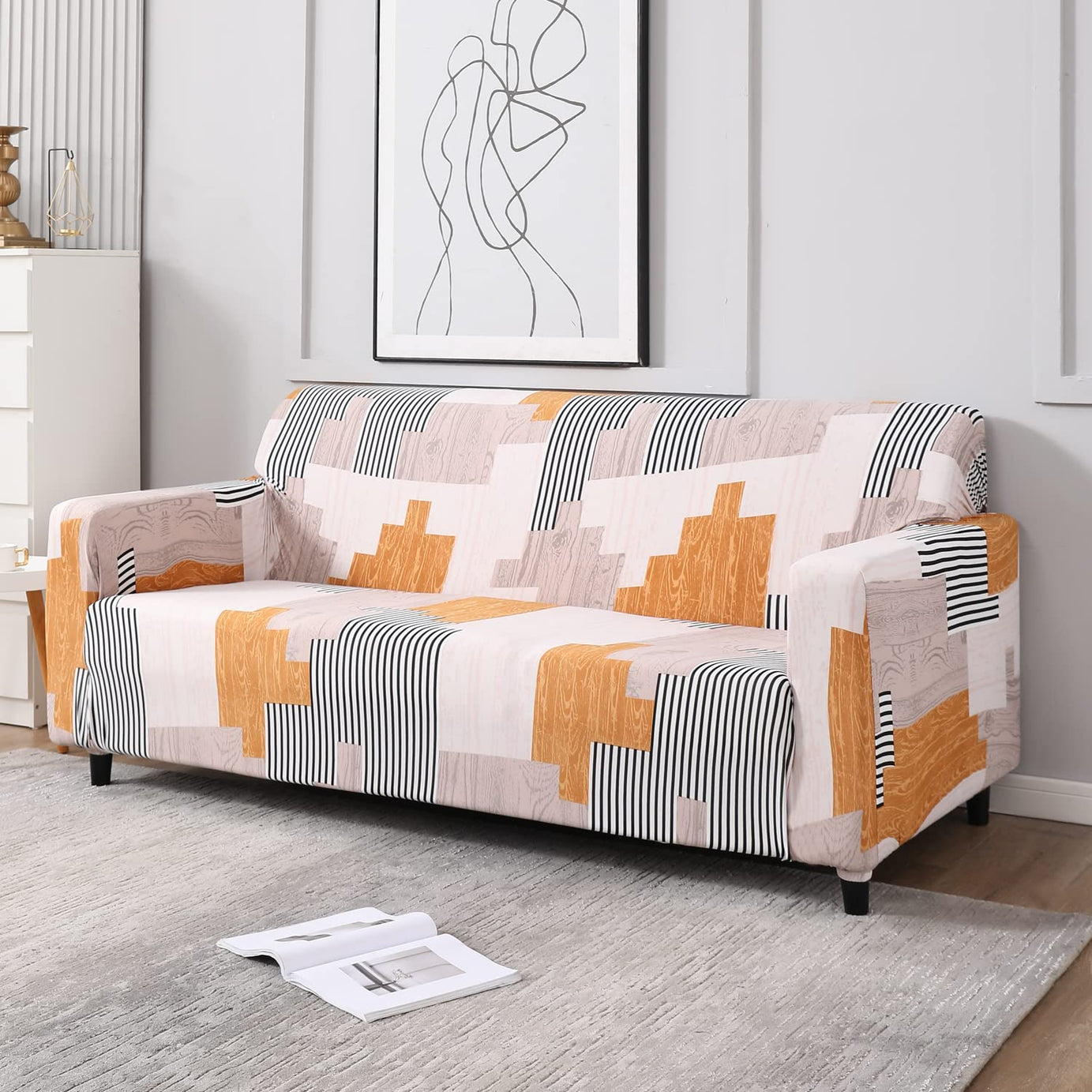 HOKIPO Polyester Blend Elastic 3 Seater Sofa Cover Stretchable Slipcover (Ar-4101-S5, off-White)